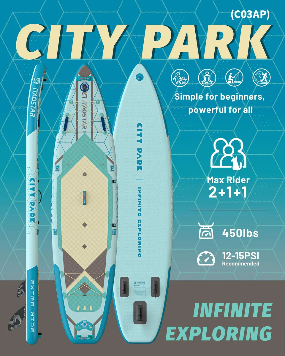iTAOSTAR City Park, tavola da paddle extra larga con sedile, 30,5 x 89 cm, con 5 pinne su misura, gonfiabile, stabile, per giovani/adulti di tutti i livelli