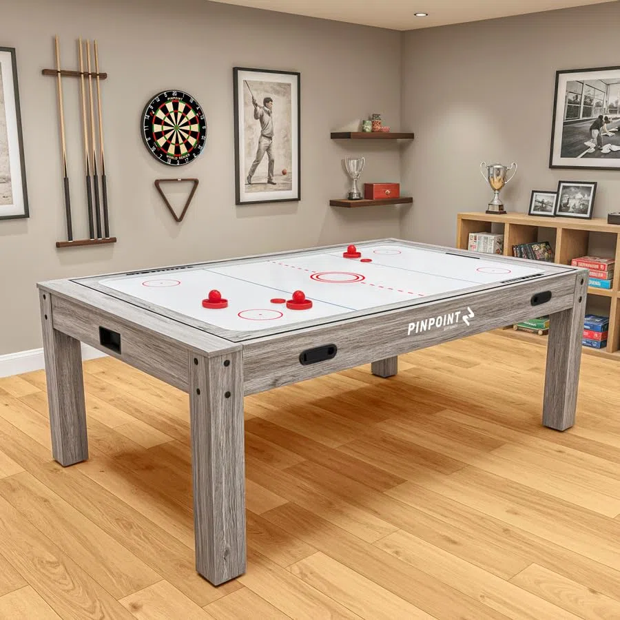 PINPOINT Tavolo da gioco 4 in 1 – biliardo, air hockey, ping pong e giochi da tavolo – Tavolo da interno da 2,1 m con accessori inclusi – Finitura in legno grigio Driftwood per sale giochi e famiglia