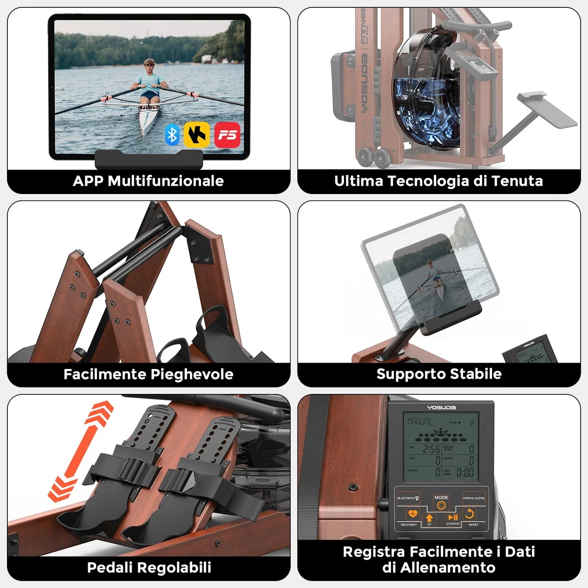 YOSUDA Vogatore pieghevole per casa, grande serbatoio 22L, APP/Bluetooth, design ultra silenzioso, supporto telefono regolabile, 190cm/182kg, pre-assemblato al 98%, vogatore professionale per casa