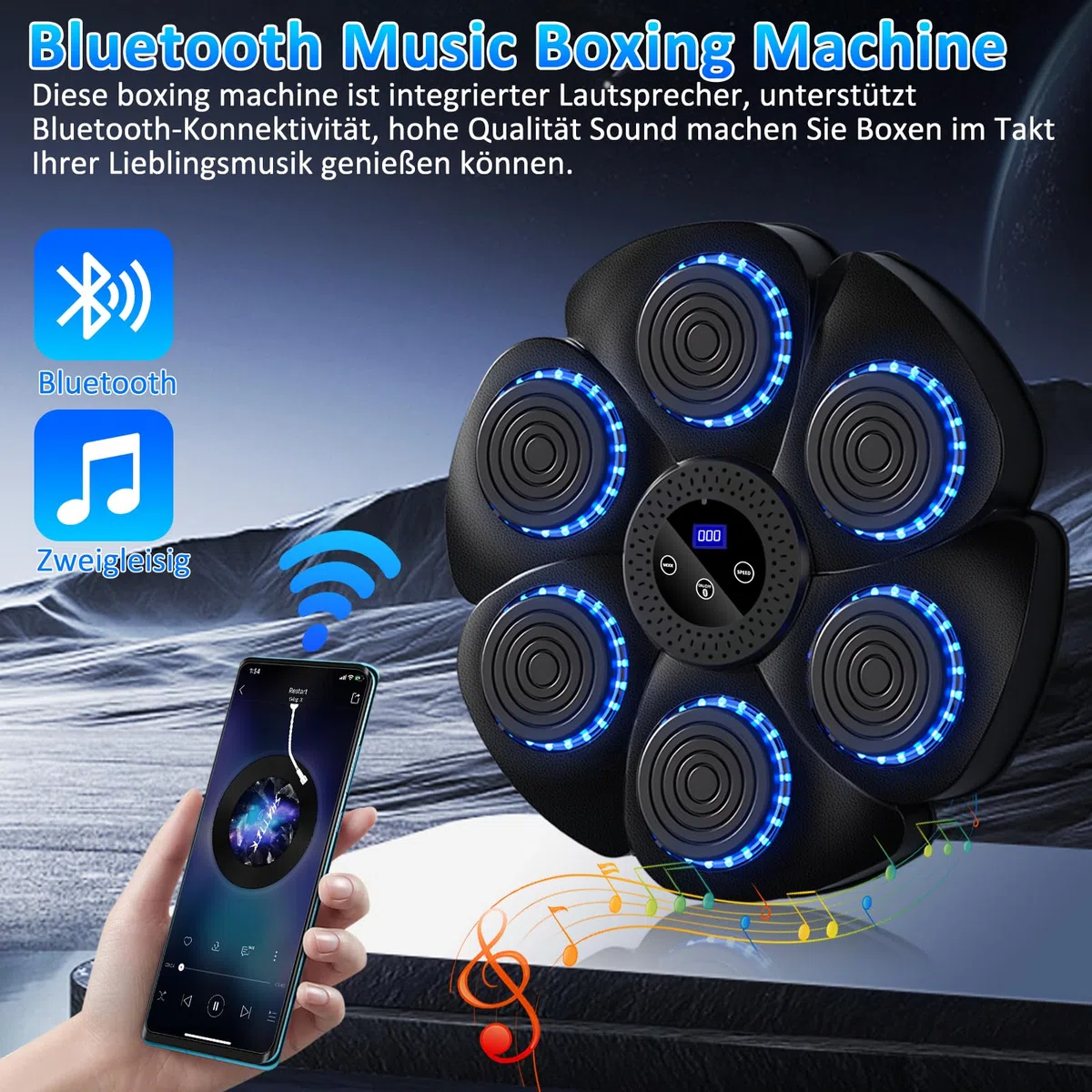 Macchina da boxe musicale Smart Boxing Machine Disco da boxe montato a parete con guanti da boxe per adulti e bambini, supporto Bluetooth, 9 funzioni, 18 velocità regolabili e modalità di conteggio