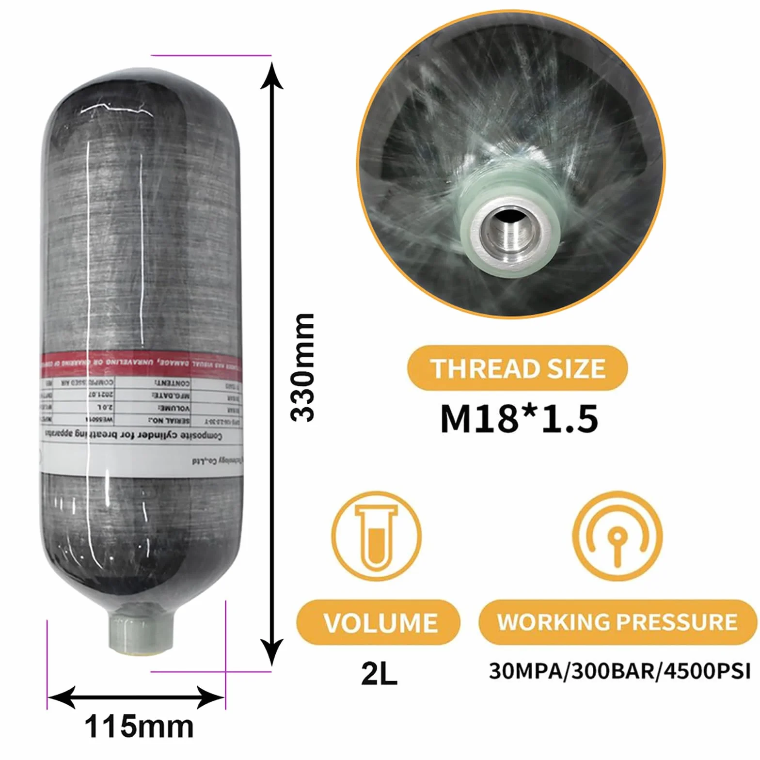 TUXING 30Mpa 300Bar 4500psi Serbatoio d'aria in fibra di carbonio 2L per PCP Paintball Scuba (bottiglia vuota)