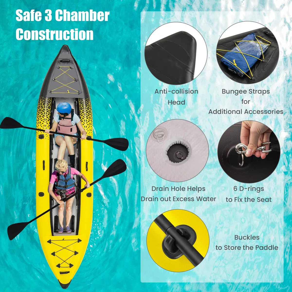 HOMASIS Kayak Gonfiabile 2 Posti in PVC, Canoa Gonfiabile con 2 Pagaie Regolabili, Borsa per il Trasporto, Pompa a Mano e Kit di Riparazione, Gommone Mare per Adulti, 382 x 94 x 40 cm