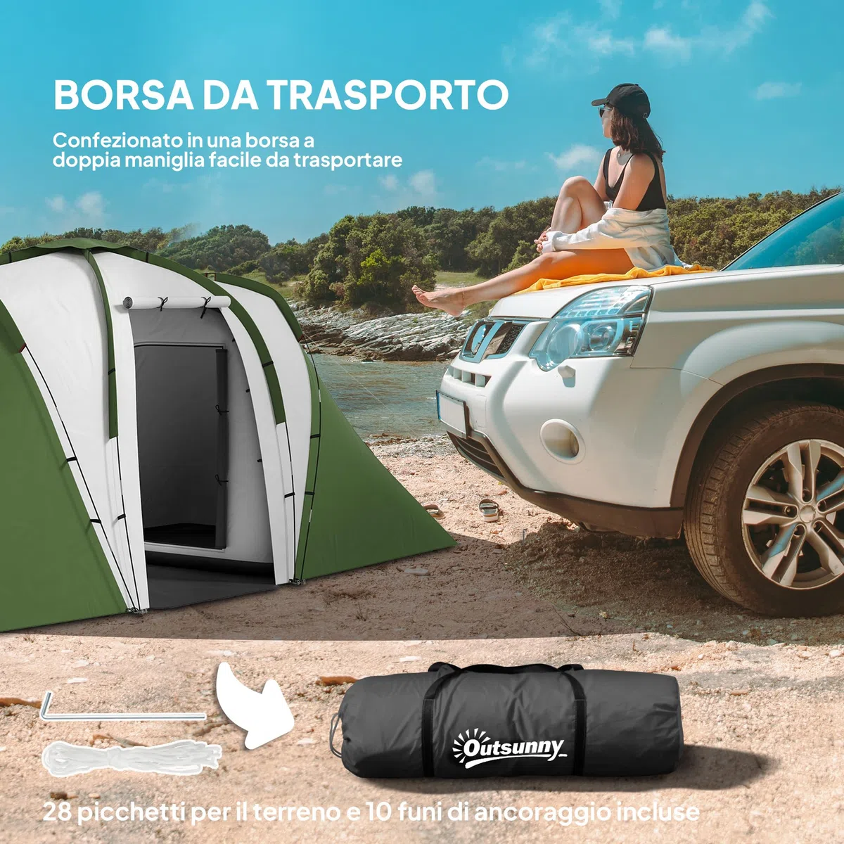 Outsunny Tenda da Campeggio 4-6 Persone con 2 Camere e Zona Soggiorno, Tenda da Esterno a 2 Porte, Resistente all'acqua e ai Raggi UV, con Borsa da Trasporto, 555x225x190 cm, Grigio e Verde