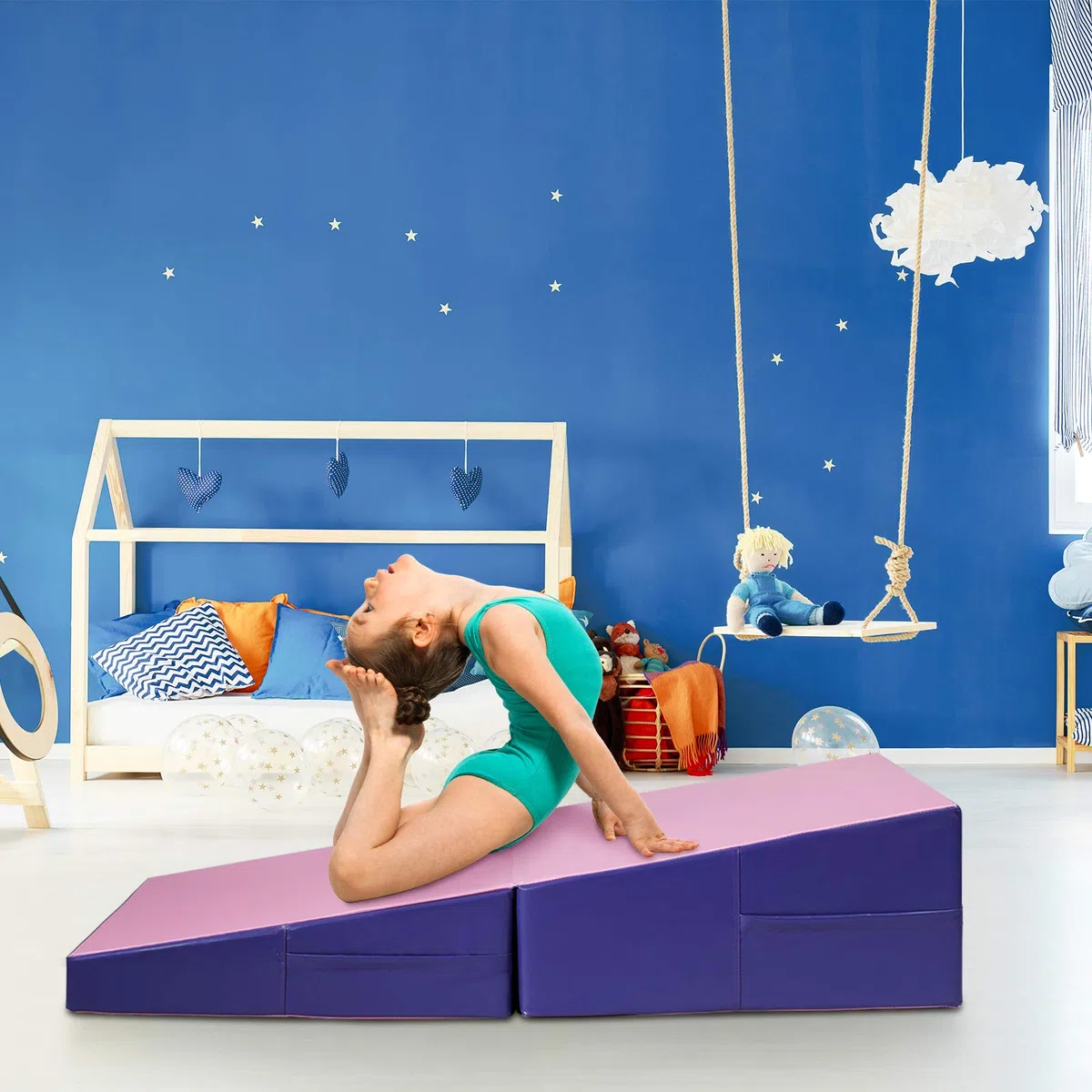 COSTWAY Materassino Ginnastica Inclinato, Tappetino Inclinato a Forma di Cuneo con Maniglia, Tappetino Ginnastica Pieghevole per Allenamenti a Casa Aerobica Fitness Palestra