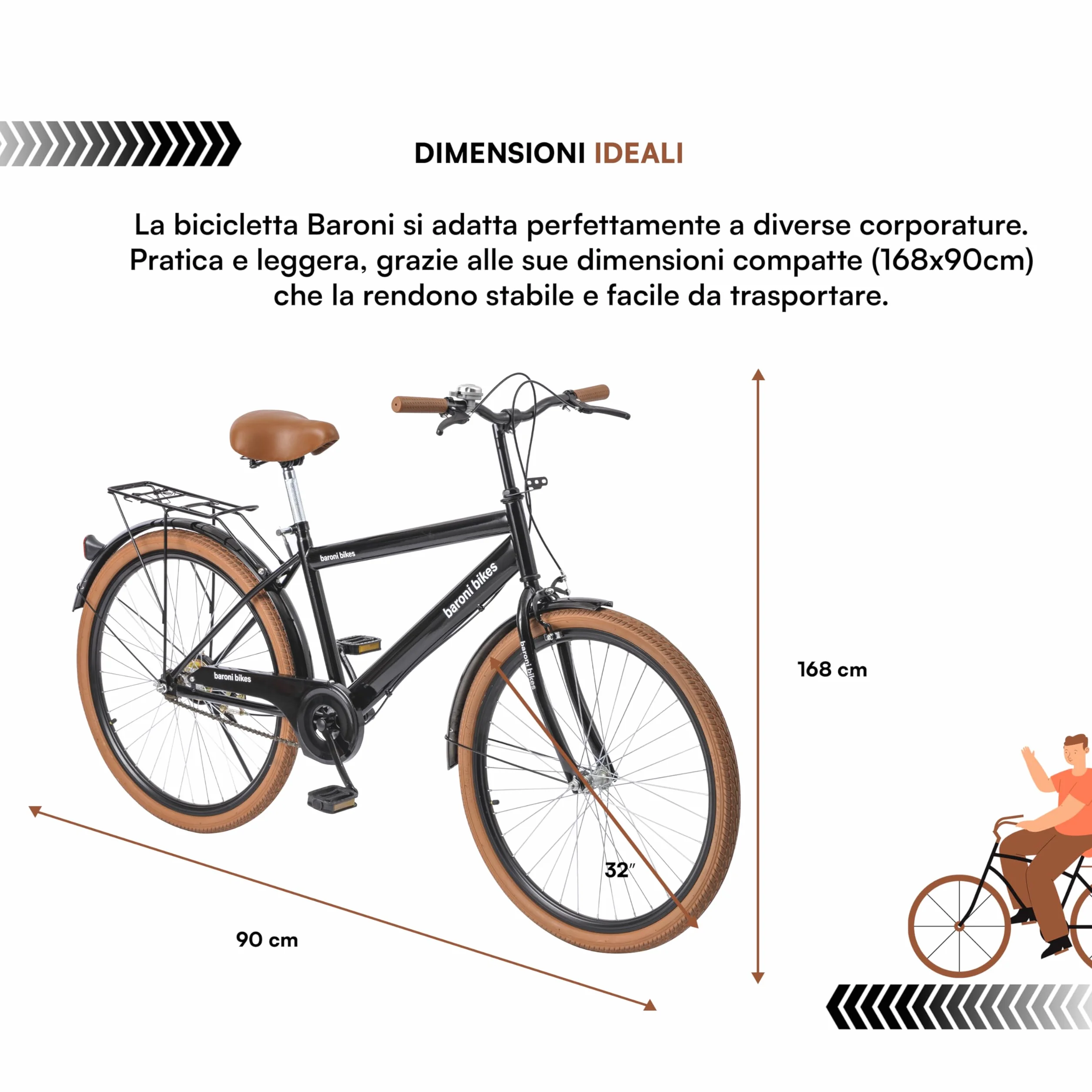 Baroni Home Bicicletta da Passeggio da Uomo e Donna, con Campanello, Manubrio e Sellino Regolabile, Bici con Doppio Freno Anteriore e Posteriore, City Bike, Nero e Marrone, 168x90 cm