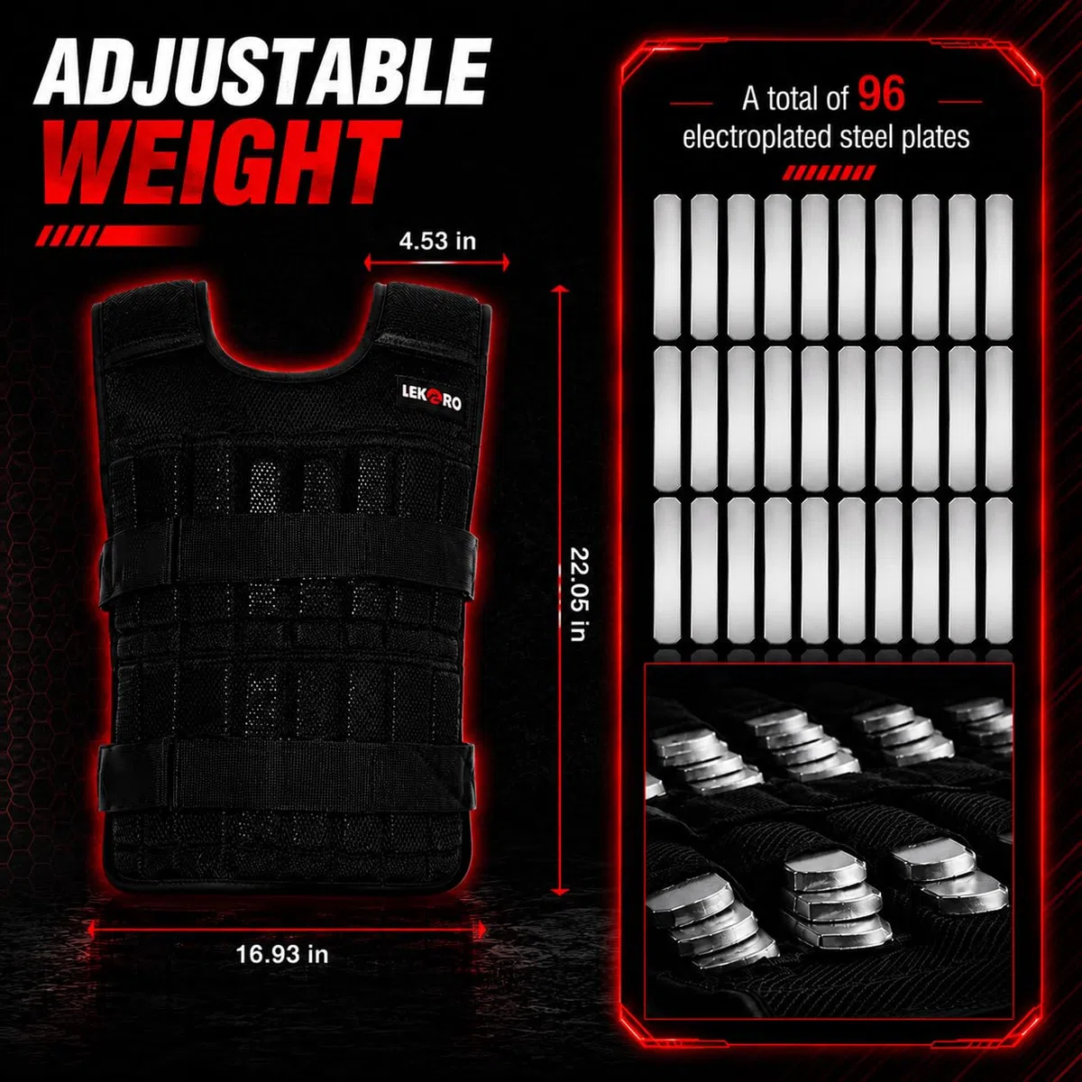 Gilet ponderato regolabile da 20 kg, per allenamento, fitness, giacca ponderata per uomo e donna (inclusi 96 piastre in acciaio)