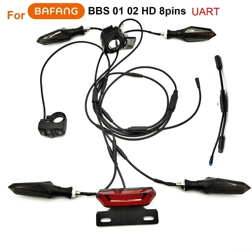 Kit completo di illuminazione per bici elettrica, 36 V, 48 V, 52 V, fari anteriori, posteriori, indicatori di direzione con luci fluide, set di sicurezza impermeabile IPX4 per triciclo elettrico della