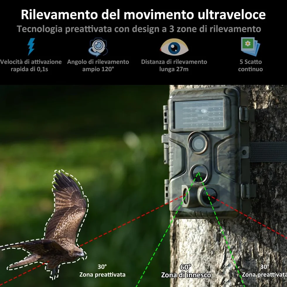 GardePro A3S Fototrappola Infrarossi Invisibili con scheda SD da 64GB 64MP 1296P H.264 Vidéo, 0,1s Tempo di Attivazione Fotocamera da Caccia Visione Notturna Fino a 30m, No-Glow IR LEDs, IP66