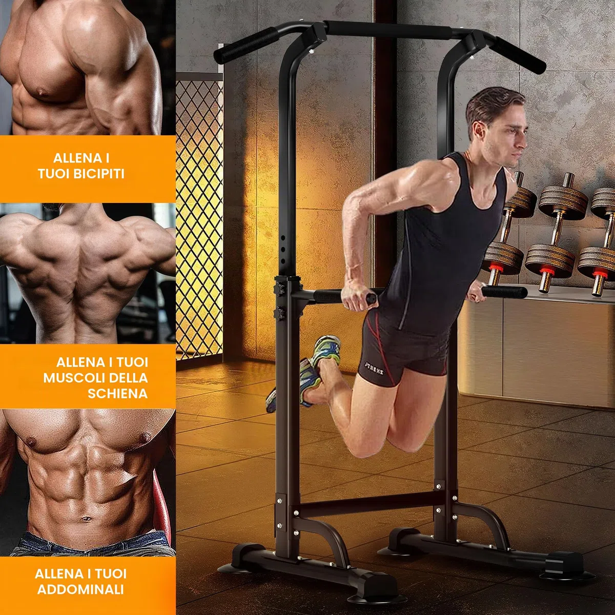 sogesfurniture Power Tower, Dip Station, Sbarra per trazioni,Fitness Multifunzione per Flessioni Trazioni Fitness e Addominali,Altezza Regolabile da 165-210 cm, BHEU-PSBB005