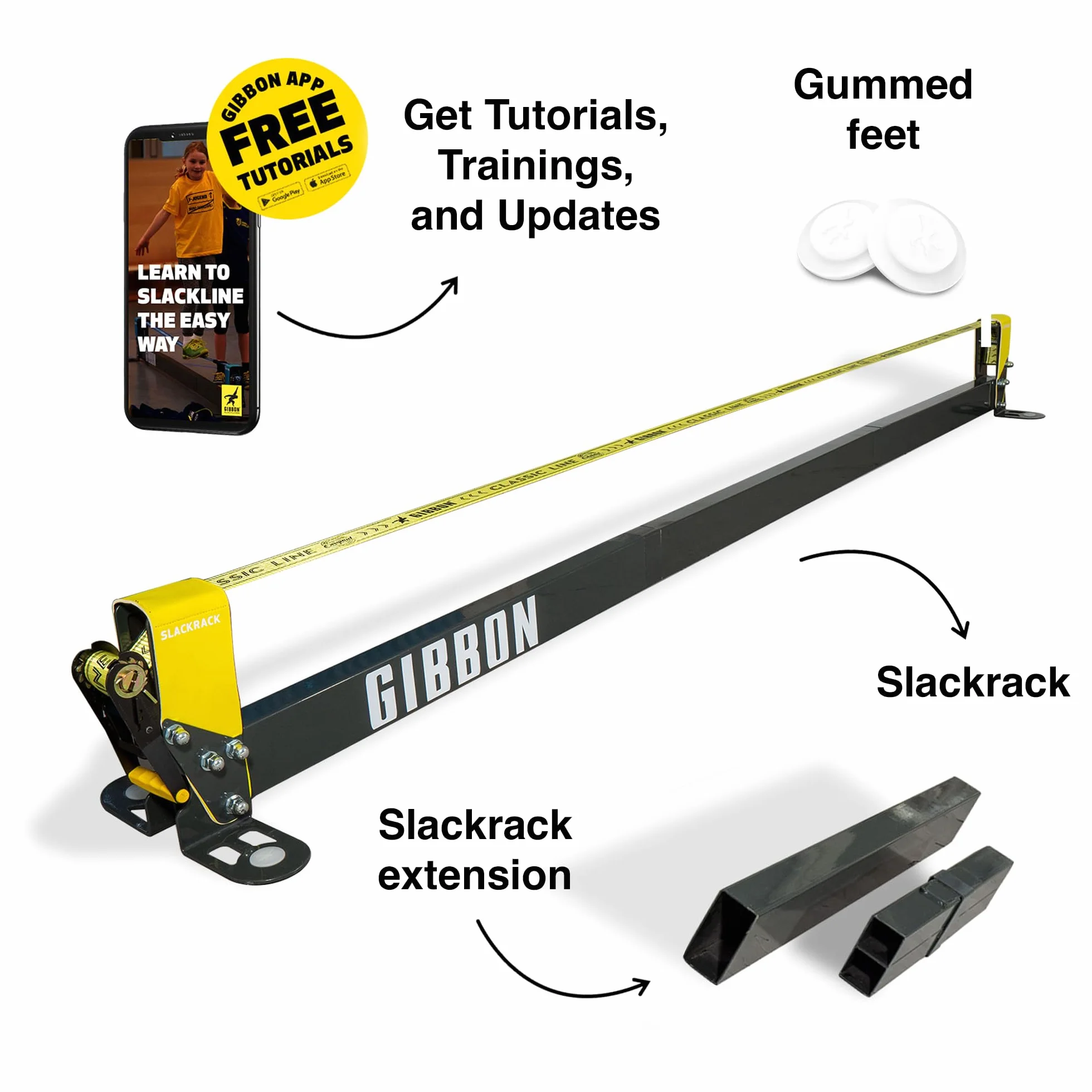 Gibbon Slacklines, Slackrack Classic, Nero-Giallo, Lunghezza del Corpo: 2 o 3 Metri, Larghezza della fettuccia: 2"/5 cm, Altezza: 30 cm