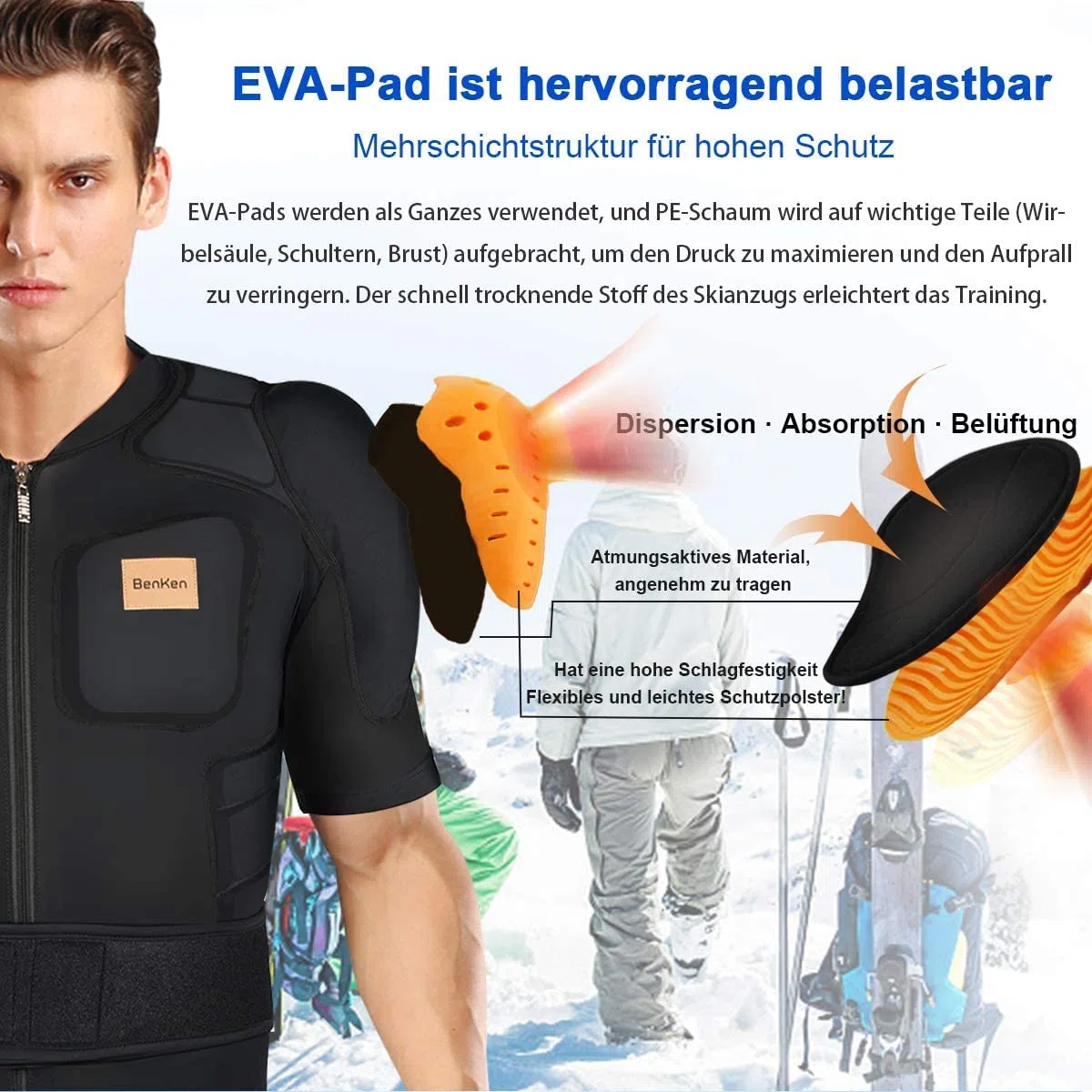 BenKen Manica Corta Protettore Shirt per Adulti, Petto Posteriore Spine Protector Vest Regolabile, Donna Uomo Body Guard Armatura Protettiva Sport Body Armor Jacket (L)