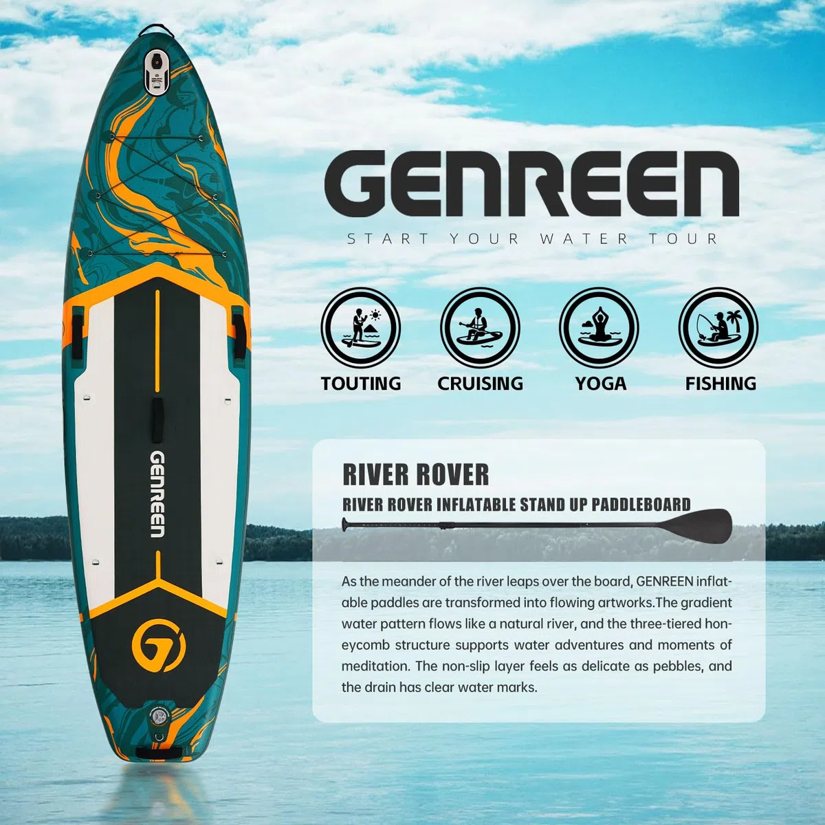 Tavole da paddle stand-up, 11 ft gonfiabili con accessori SUP, non scivola, doppio strato di PVC, motivo Monstera, 33 in extra large, per ragazzi e adulti