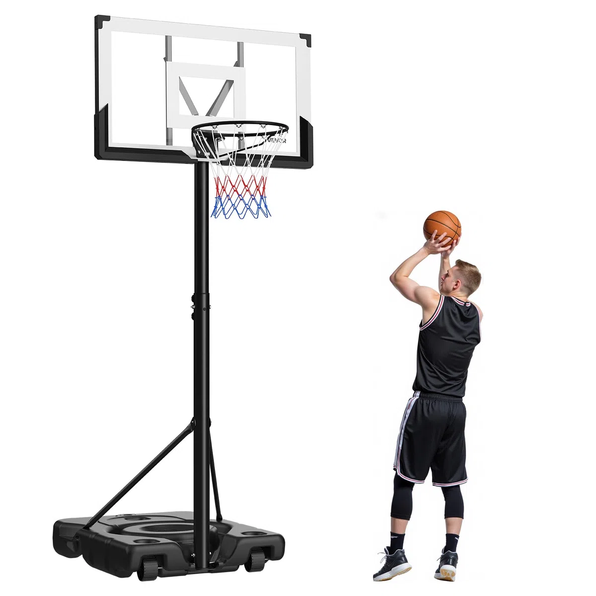 VEVOR Canestro da Basket da Esterno con Piedistallo Regolabile in Altezza Fino a 3,05 m con Ruote e Tabellone in PC da 1219,2 mm, Set di Tabelloni, Sistema di Canestro da Basket per Cortili, Piscine
