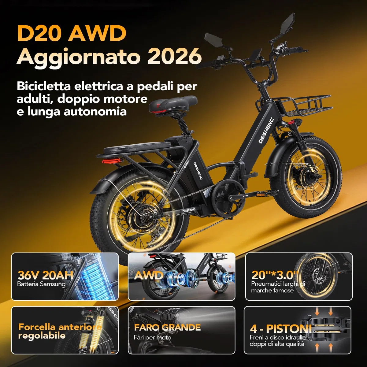 D20PRO Folding electric bicycle features dual motors with single/dual 36V 20A/42.4AhH removable batteries, 20" x 3.0" wide tires, and hydraulic brakes.