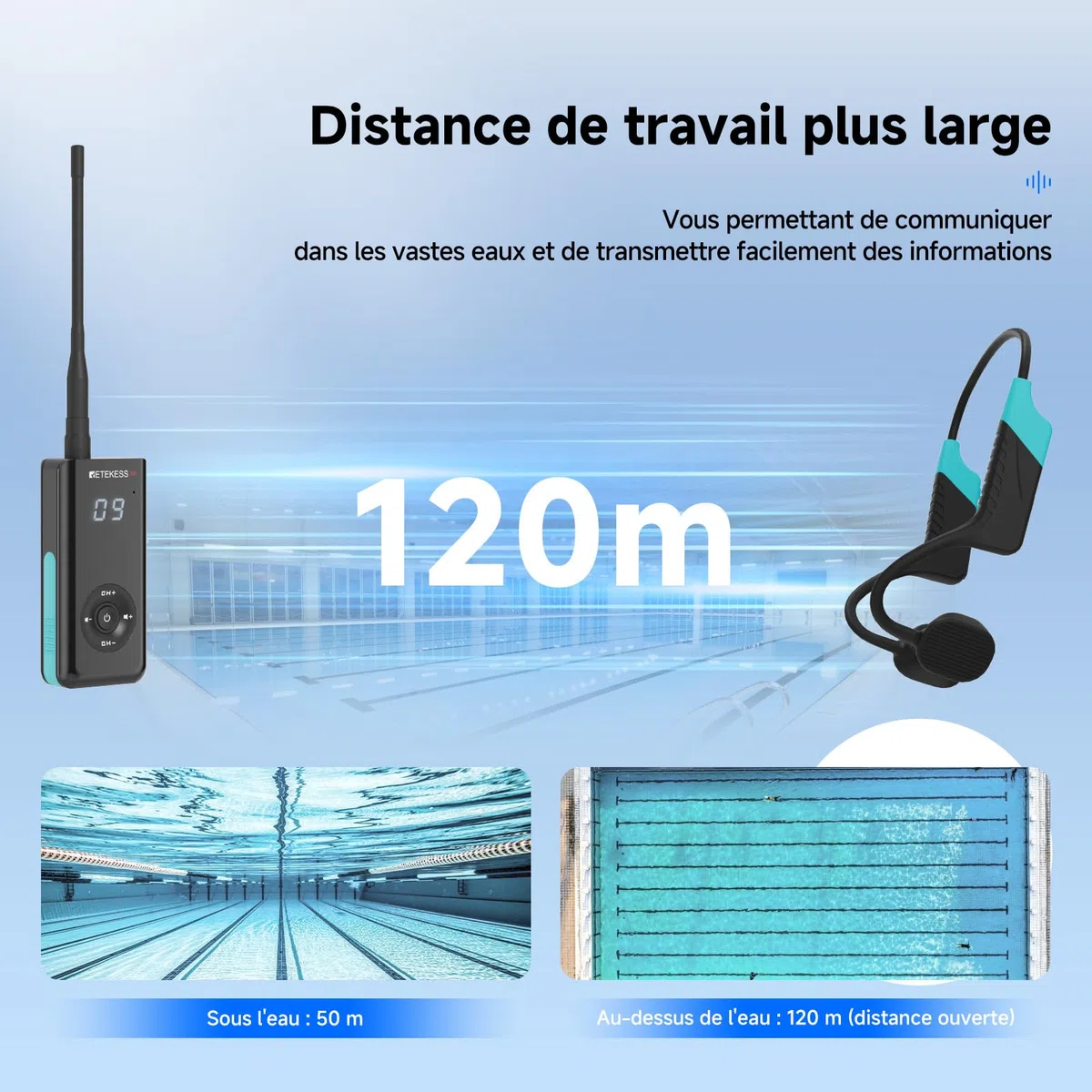 Retekess TT120 Comunicatore Subacqueo, Cuffie da Nuoto a Conduzione Ossea, IP68 Impermeabile, 120 m, Sistema di Comunicazione Per Allenamento,Club di Nuoto, Coaching (1 Trasmettitore, 2 Ricevitori)