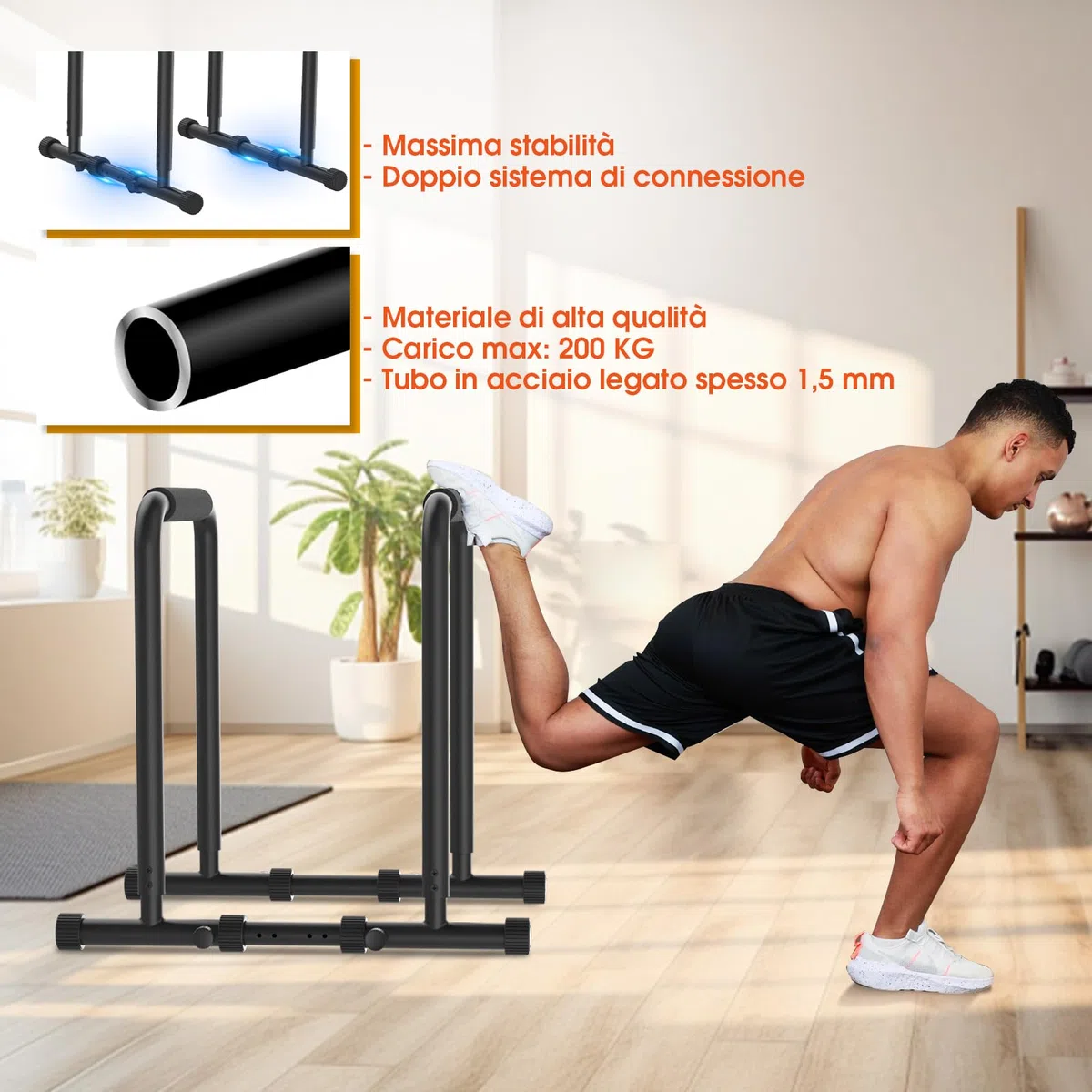 DH FitLife - Dip Parallele Calisthenics Robuste, Stabili e Versatili per Allenamento a Casa | Dip Station Regolabile in Tre Altezze (80/90/100 cm), Ideale per Parallele Dip, Push Up e Sviluppo Forza