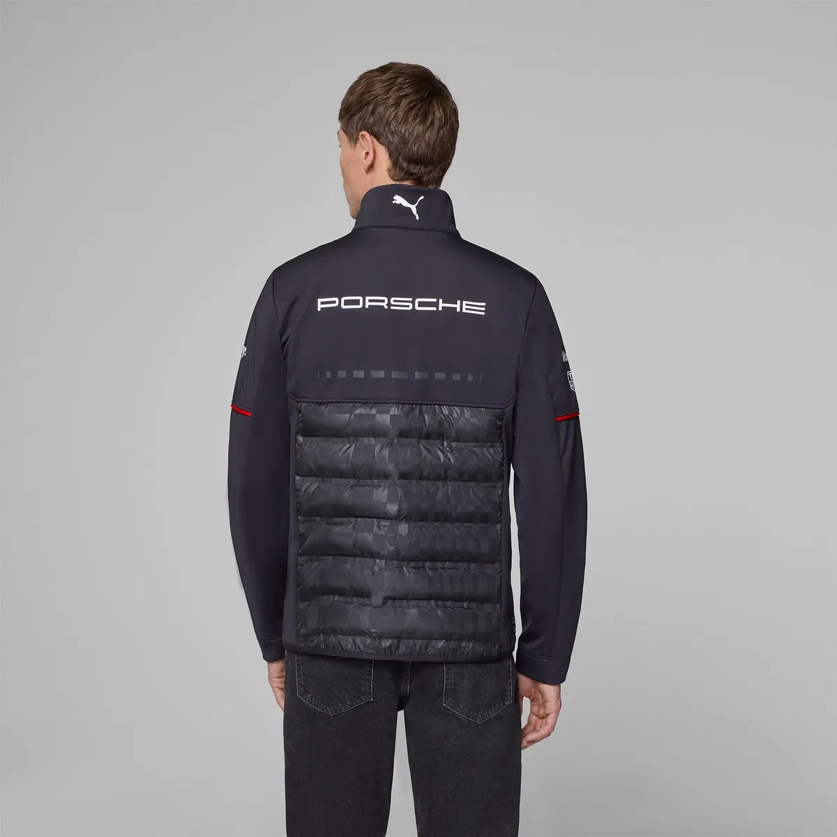 PUMA Porsche Motorsport Giacca ibrida del team per uomo con parte superiore tessuta e parte inferiore imbottita per massimo comfort - Nero