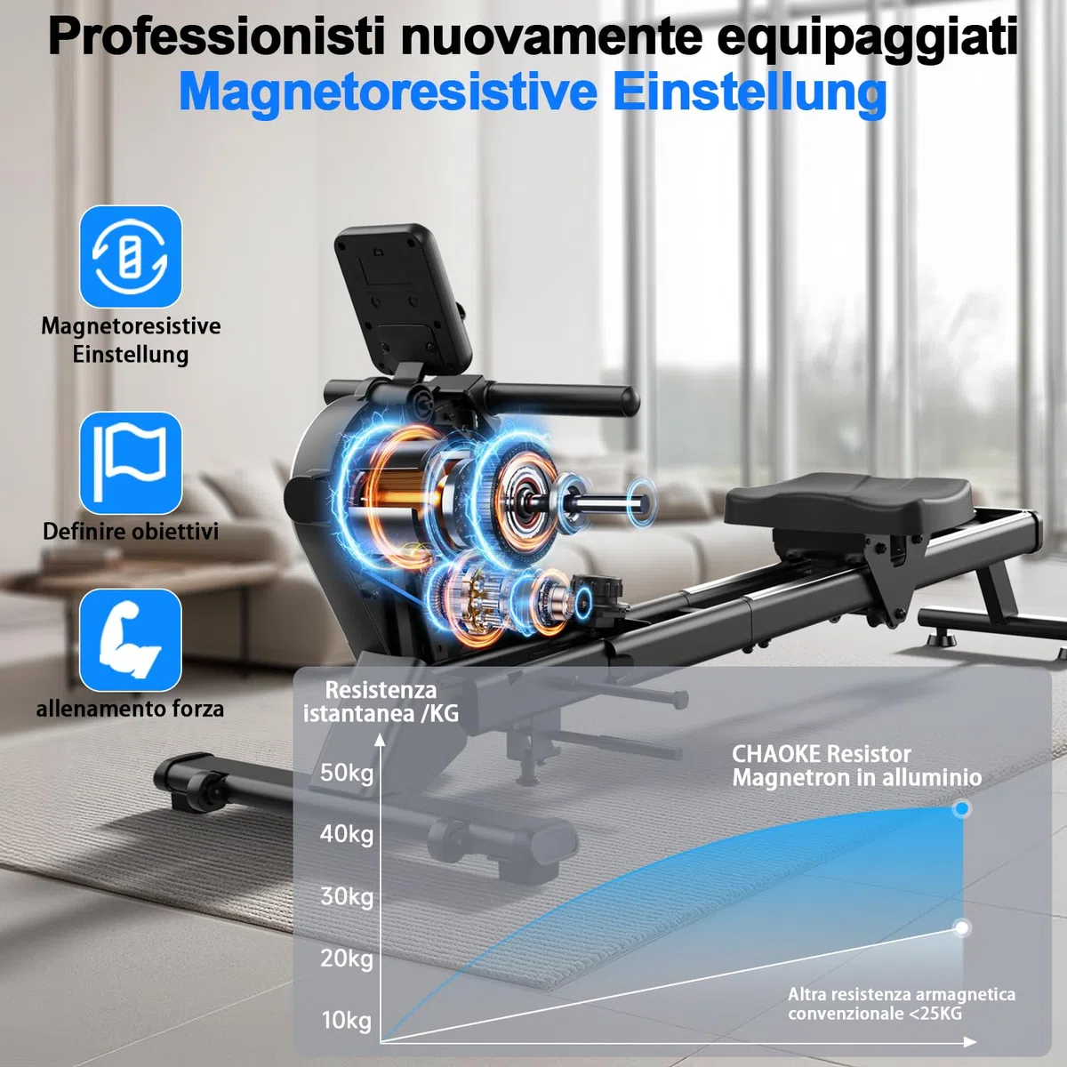 CHAOKE Vogatore Professionale per Casa, Vogatore Magnetico 16 Livelli di Resistenza e Doppia Guida Scorrevole,con App Compatibile, Monitor Bluetooth & Stent Capacità di Carico 160KG