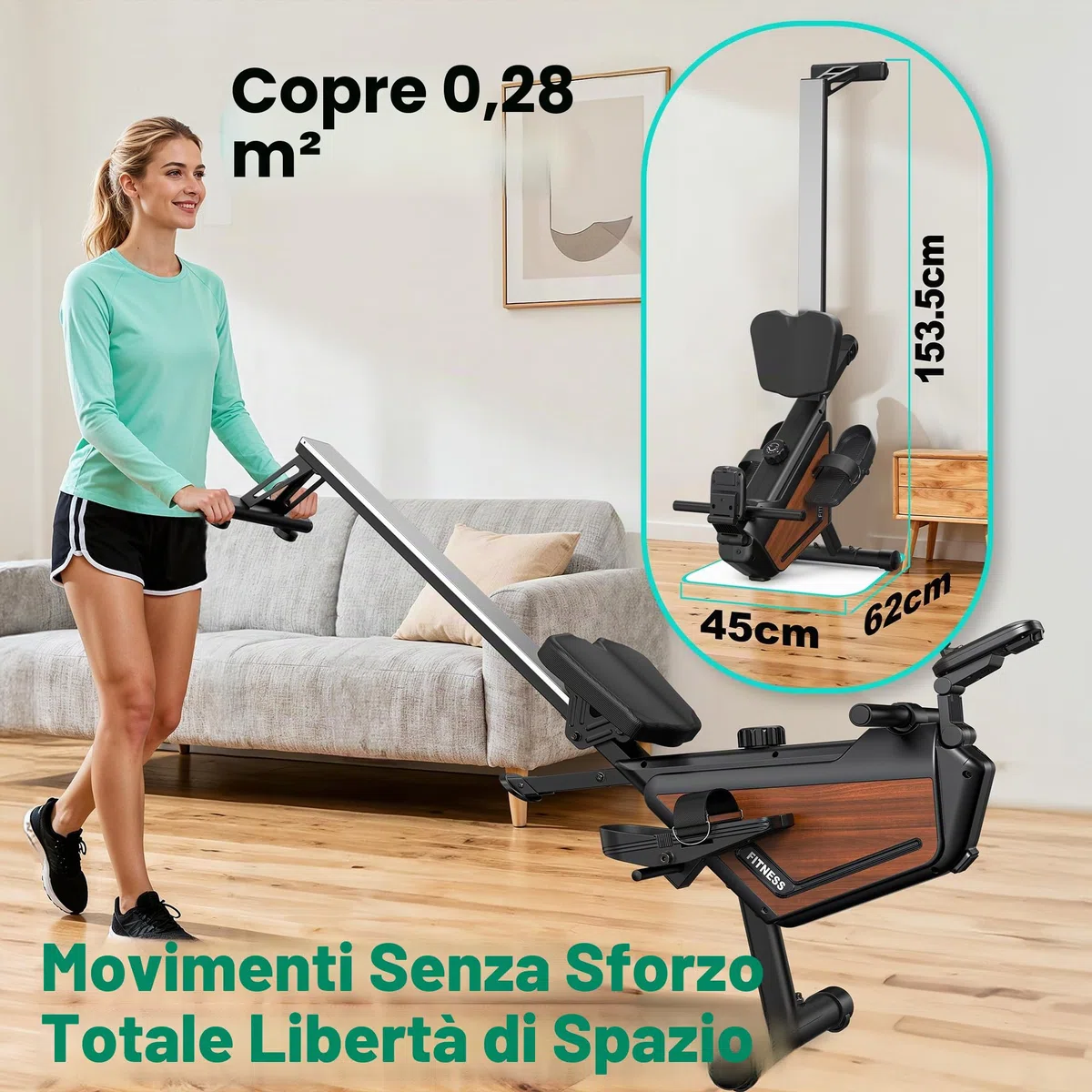 Vogatore per casa, vogatore magnetico, resistenza a 16 livelli, silenzioso, per allenamento cardio, connessione app, portata 160 kg, verticale