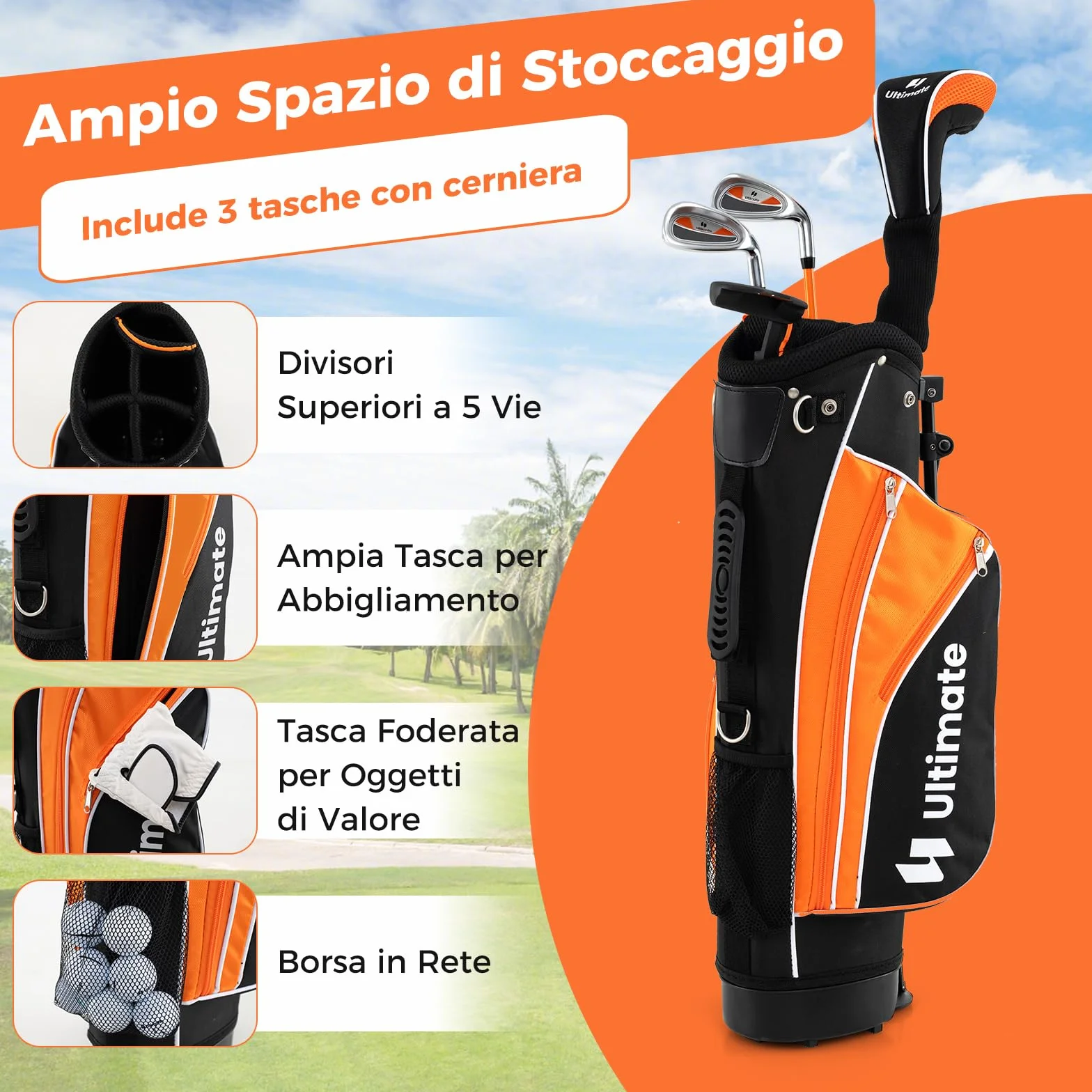 GYMAX Set Completo di Mazze da Golf per Bambini, Include 205CC #3 Fairway, Ferri #7 & #9, Putter, Copritesta, Sacca da Golf Portatile con Cappuccio Antipioggia, per Ragazzi 8-10/11-13 Anni