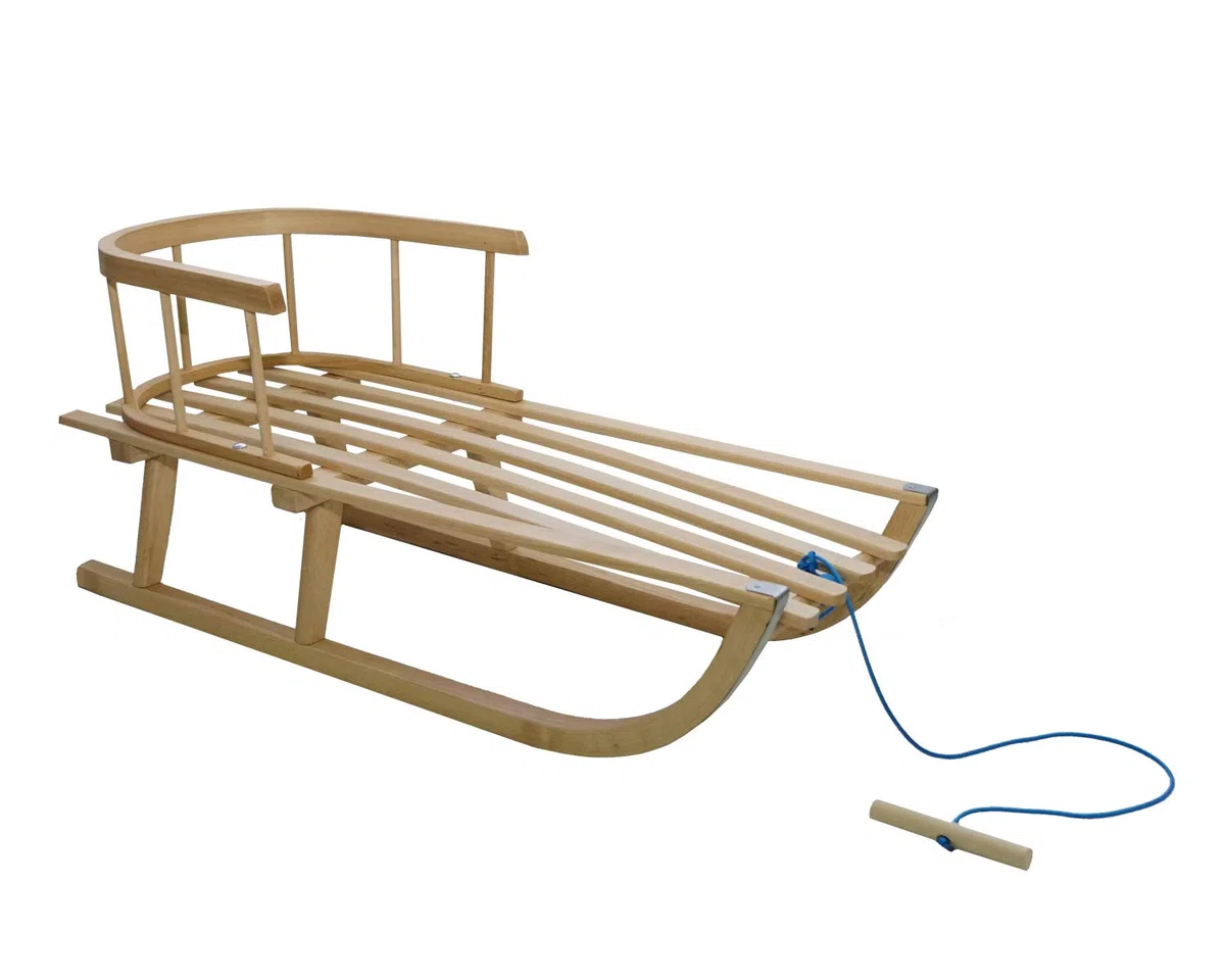 Skyline Slittino in legno per bambini, con schienale, slittino Davoser, in legno, con cintura di sicurezza, schienale e sacco a pelo invernale (Natur/Rosso)