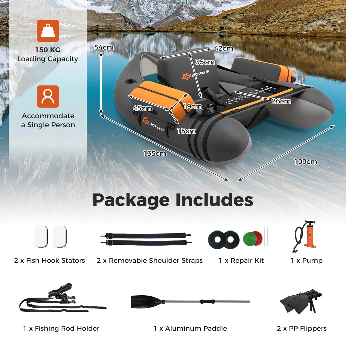 FANTASK Barca gonfiabile gonfiabile, barca da pesca con pompa, pagaia, cinghie, Bellyboat per adulti, portata 150 kg, 135 x 109 x 54 cm