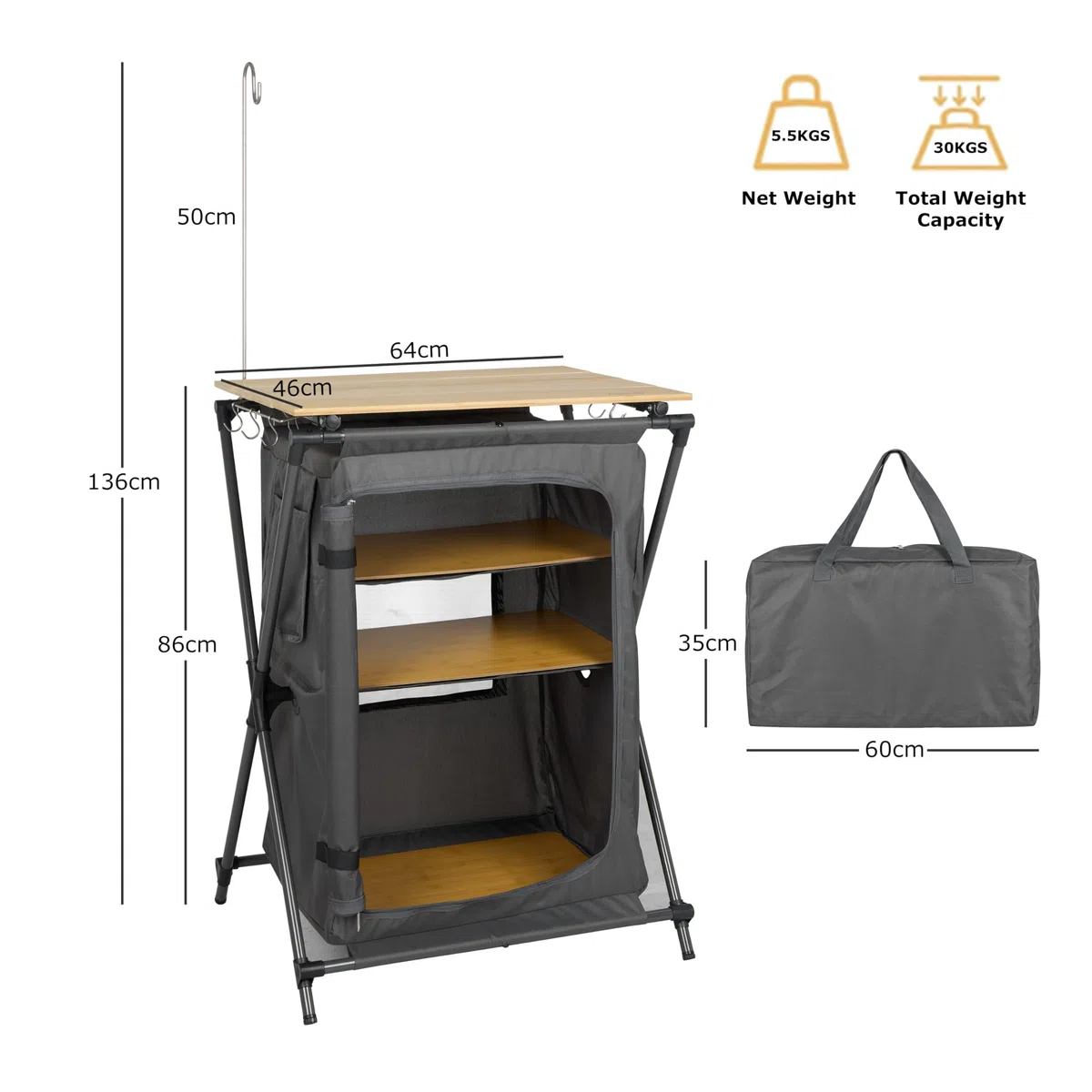 Finnhomy Armadio portatile da campeggio con 4 ripiani, con supporto leggero, con borsa per il trasporto, tavolo da campeggio con contenitore per il trasporto, supporto 30 kg, grigio