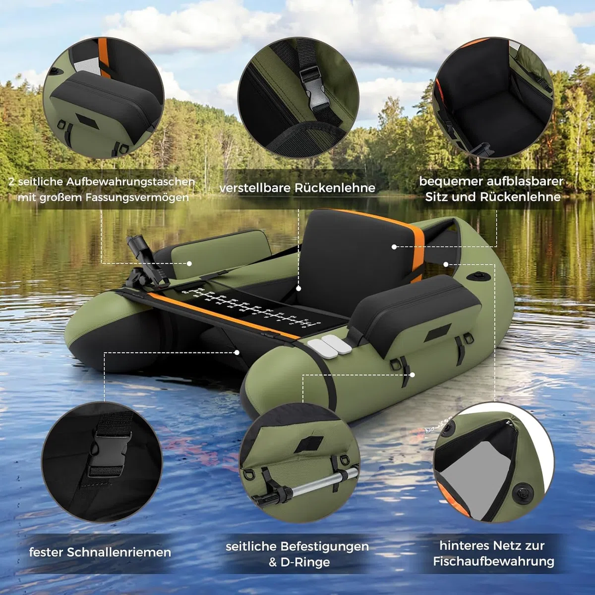 FANTASK Gonfiabile Schlauchboot, barca da pesca con pompa, remi, cinture, Bellyboat per adulti, capacità di carico 150 kg, 135 x 109 x 54 cm (Verde)