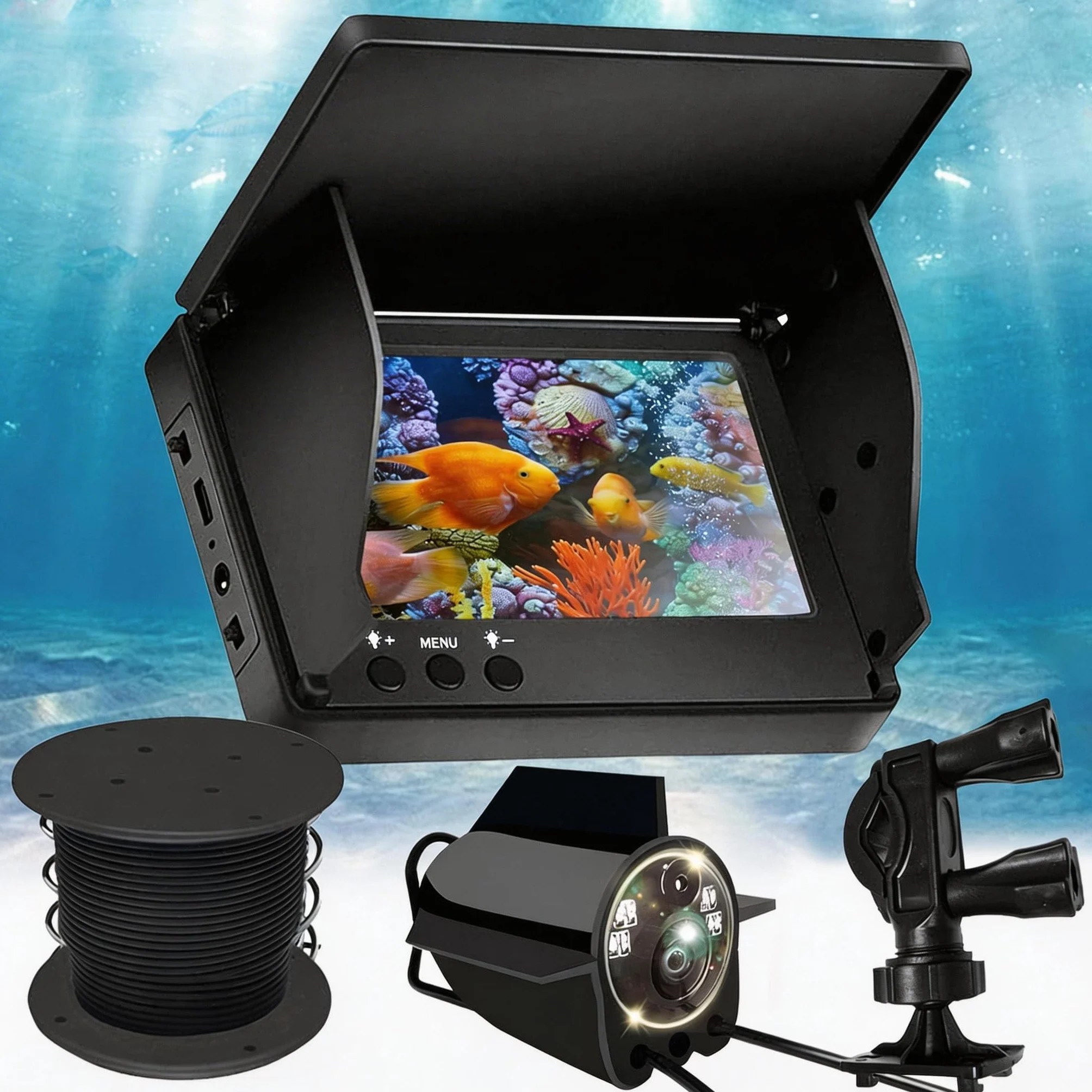 Telecamera Subacquea Pesca, Ecoscandaglio da Pesca Impermeabile IP65 Fish Finder con 5" IPS Display 8000mAh Batteria 30m Cavo 220° Visione Notturna Grandangolare per Pesca in Mare Pesca su Ghiaccio