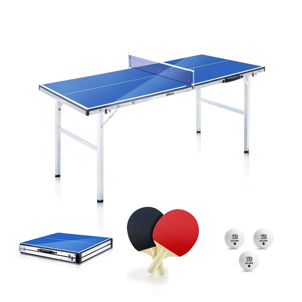 YM Tavolo Ping Pong Pieghevole Mini Ninja Richiudibile in Valigetta, Portatile e Compatto, Telaio in Acciaio con Tubolari da 25mm. Incluse Racchette e Palline. Dimensioni Aperto: cm 150 x 67 x 69