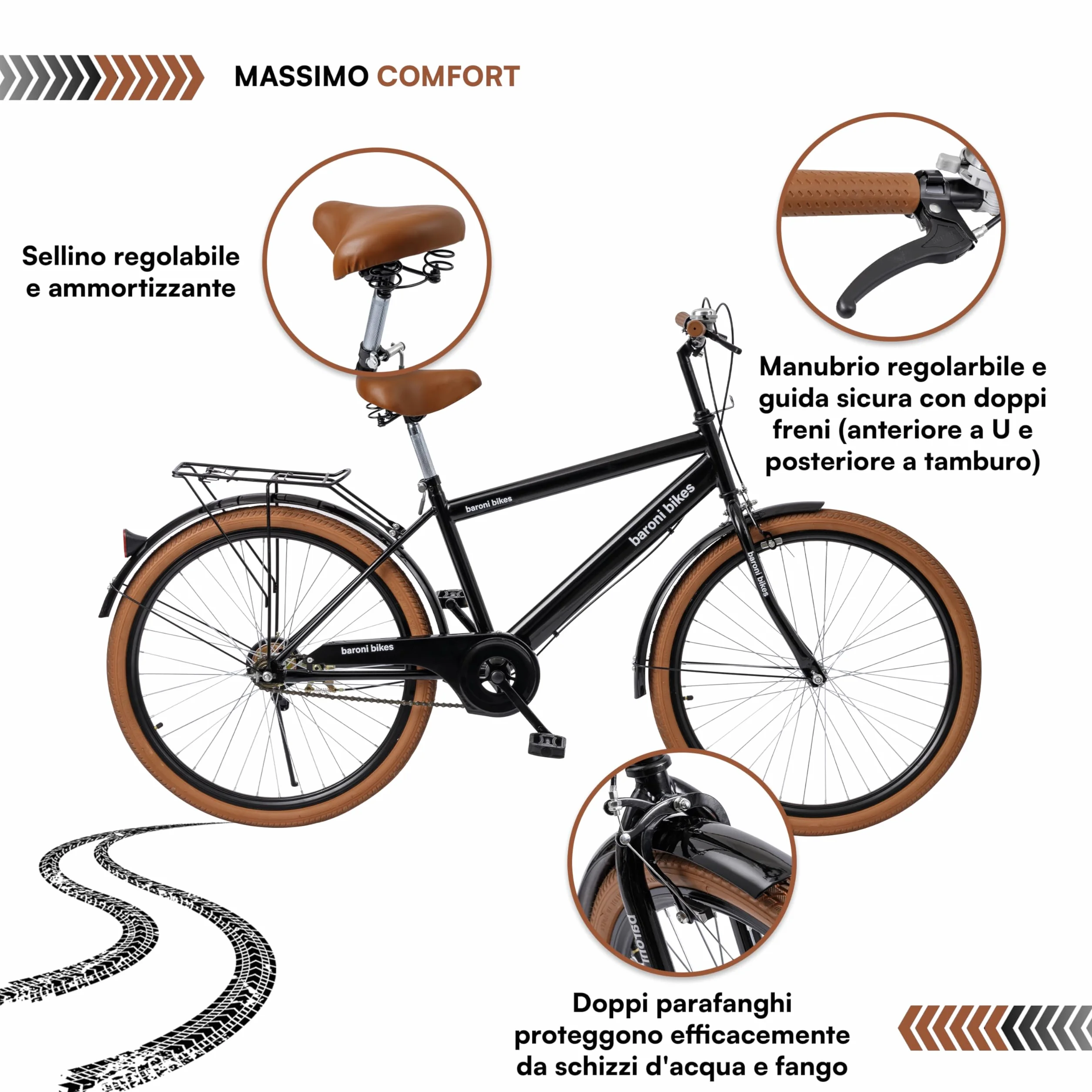 Baroni Home Bicicletta da Passeggio da Uomo e Donna, con Campanello, Manubrio e Sellino Regolabile, Bici con Doppio Freno Anteriore e Posteriore, City Bike, Nero e Marrone, 168x90 cm