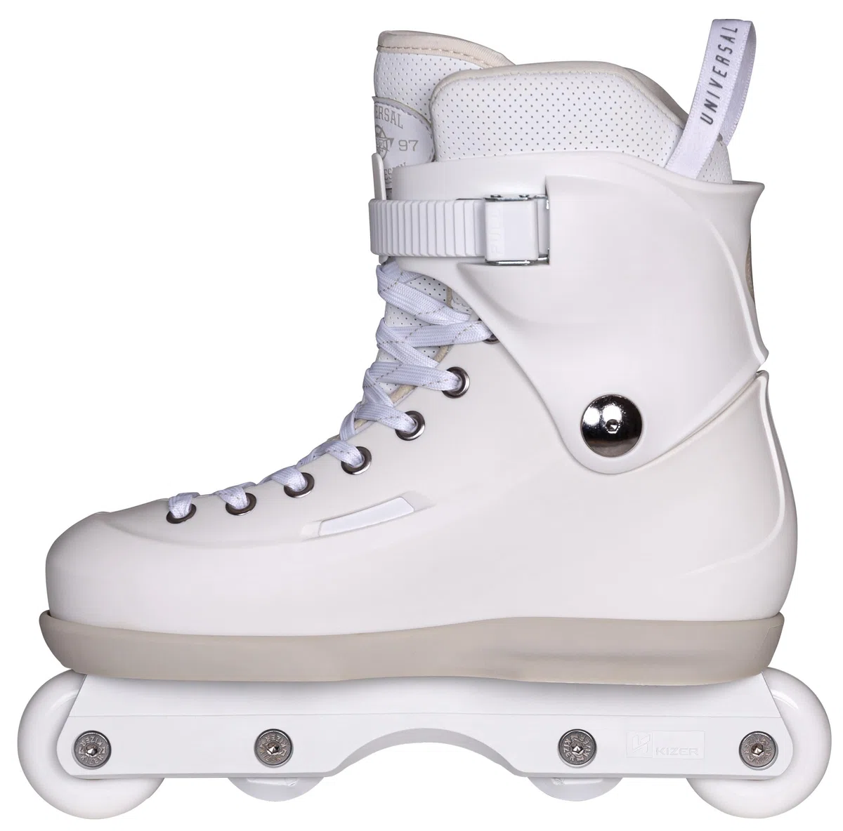 USD Sway Chess White Stunt Skates - Pattini in linea aggressivi Hardboot, Kizer Fluid IV UFS, 60 mm, 88 A, cuscinetti a sfera ABEC 9, bianco/grigio per Street & Park