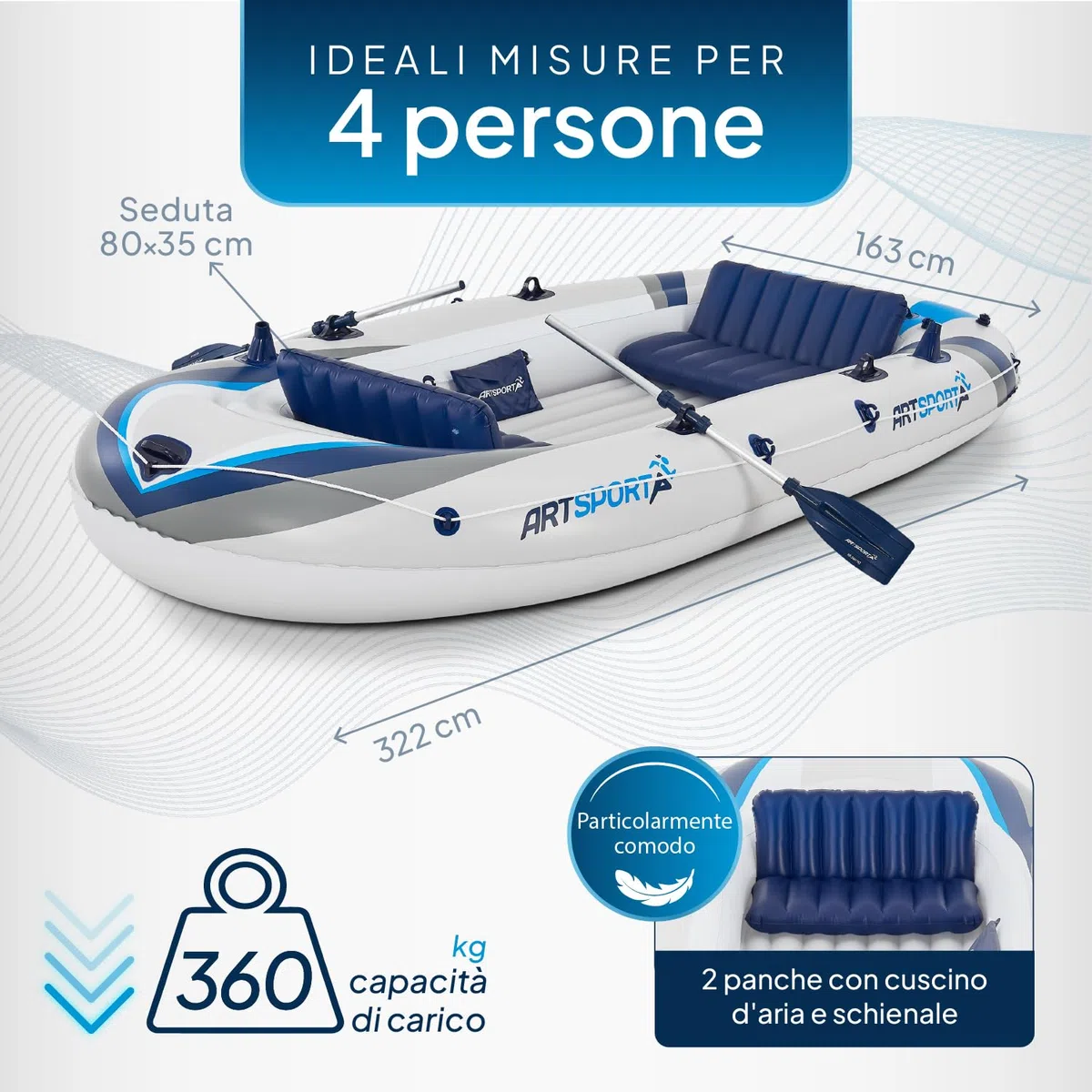 ArtSport Gommone 322 cm per 4 Persone - Canotto Gonfiabile con 2 panche - Barca a Remi in PVC con Pompa ad Aria, Remi, Borsa e Kit di Riparazione