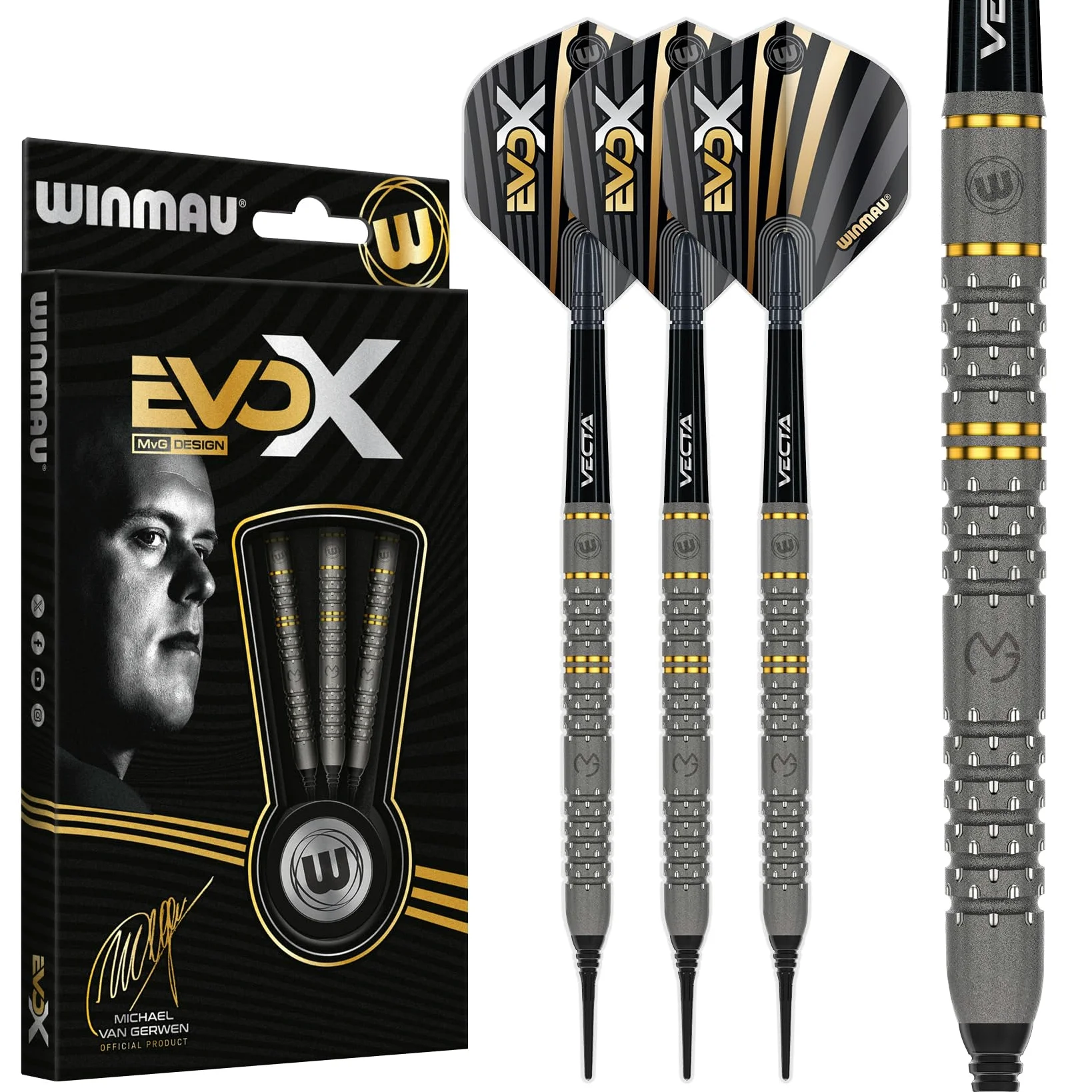 WINMAU – Michael Van Gerwen MvG - EvoX Set di Freccette Professionali con voli e steli per Freccette - Disponibile con Punta Morbida da 18 g, Peso Pieno da 20 g e Punta in Acciaio da 21g, 22,5g e 24g