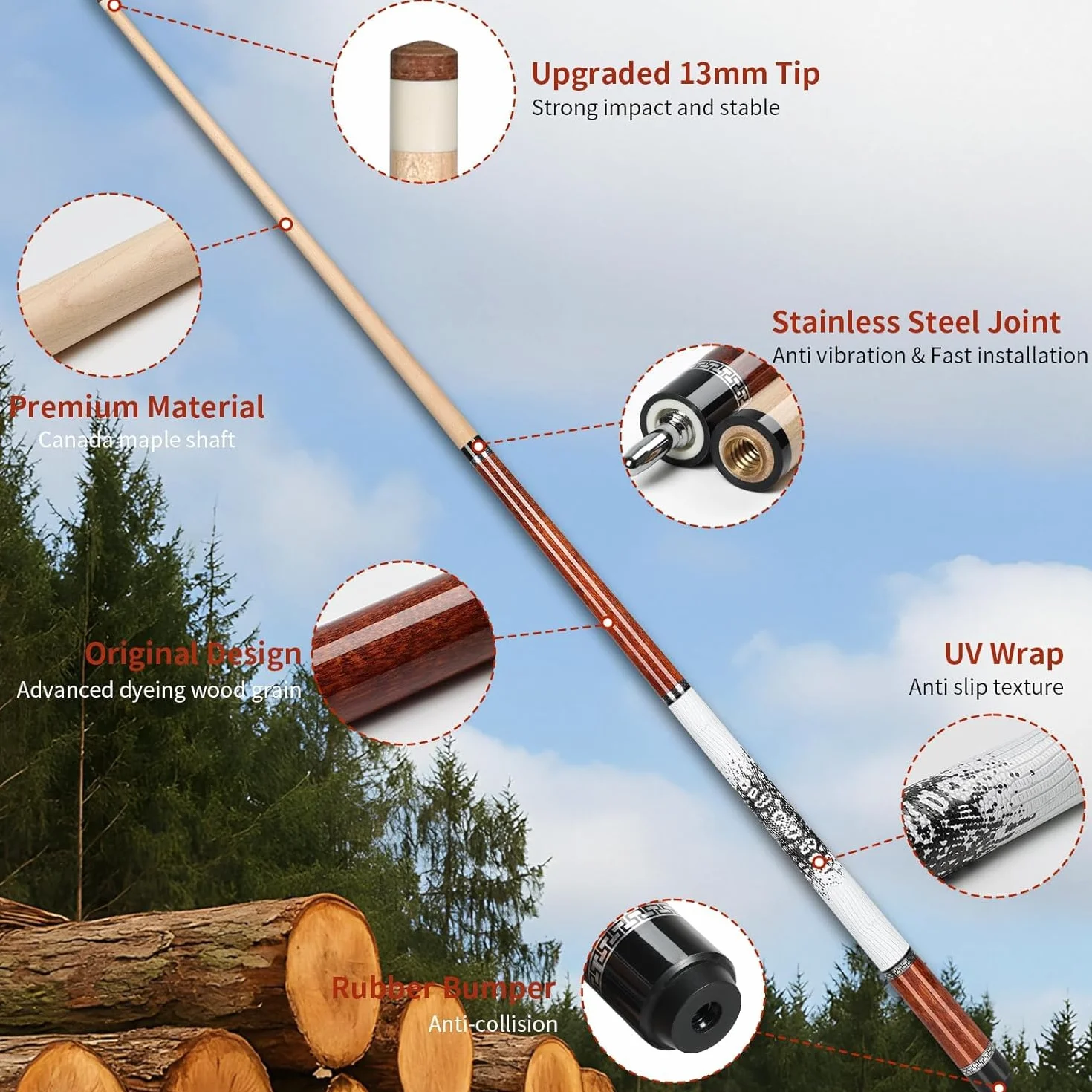 AKLOT Stecca da Biliardo Professionale Estensione telescopica,Stecca in Legno d'Acero Canadese con Custodia per Stecche da Biliardo,147cm (58 pollicie),538-595g(19-21once)