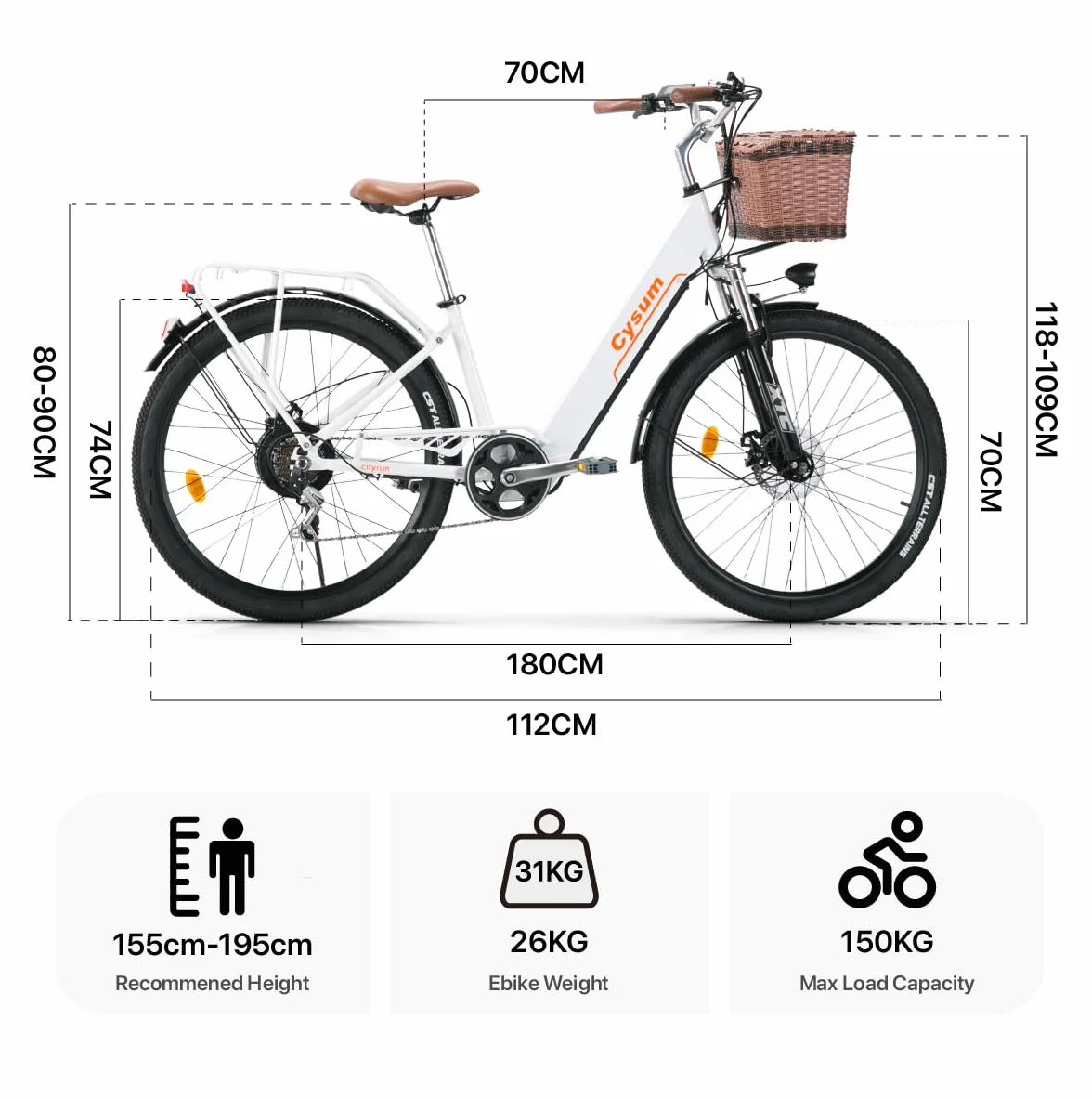 cysum cityrun bici elettrica donna, 26'' pedalata assistita Bicicletta Elettrica, City E-bike per adulti, 250W motore 25km/h, 36v 360WH batteria al litio, gamma 80KM, lcd dispaly