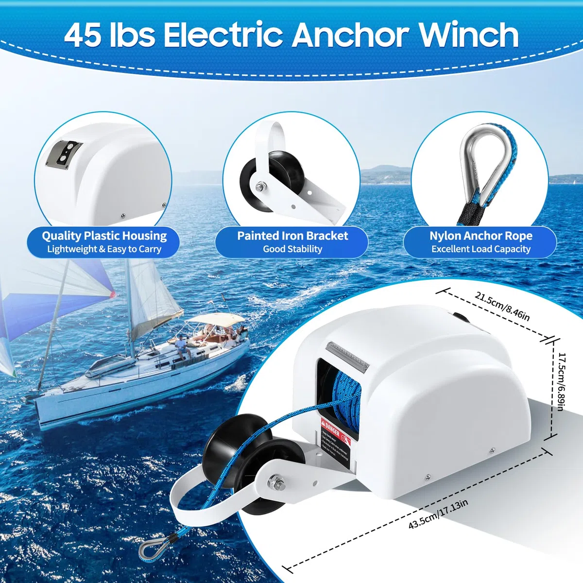 45 LBS Verricello elettrico per barca, verricello elettrico, per acqua salata, ancora, verricello con telecomando, 30 m, 12 V
