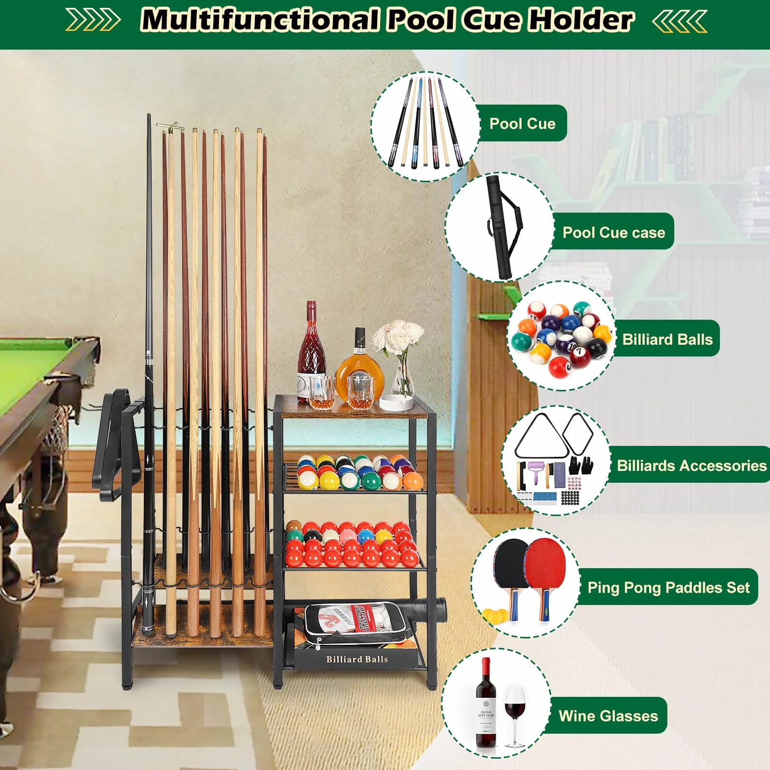 Bikoney Porta Stecche da Biliardo a Pavimento per Fino a 12 Bastone, Biliardo da Tavolo con Spazio per Palline, Grande Supporto Bastoncini da Biliardo di Accessori per Tavolo da Biliardo