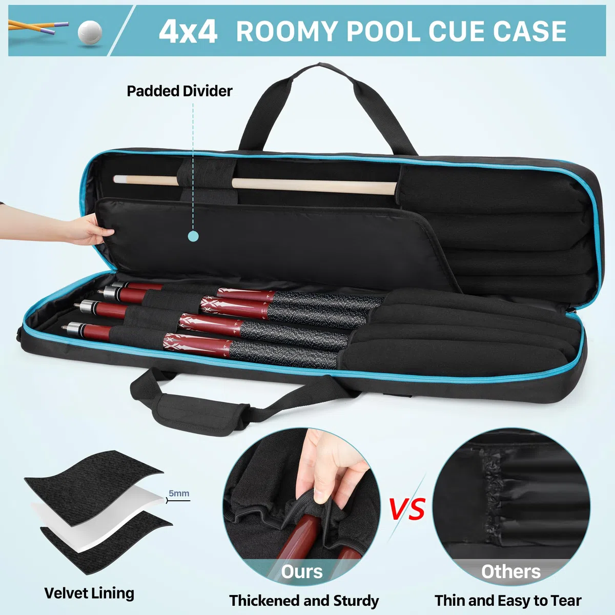GOBUROS Custodia per stecche da biliardo 4x4 può contenere fino a 4 calci e 4 aste, custodia per stecche da biliardo con tasche frontali e spallacci