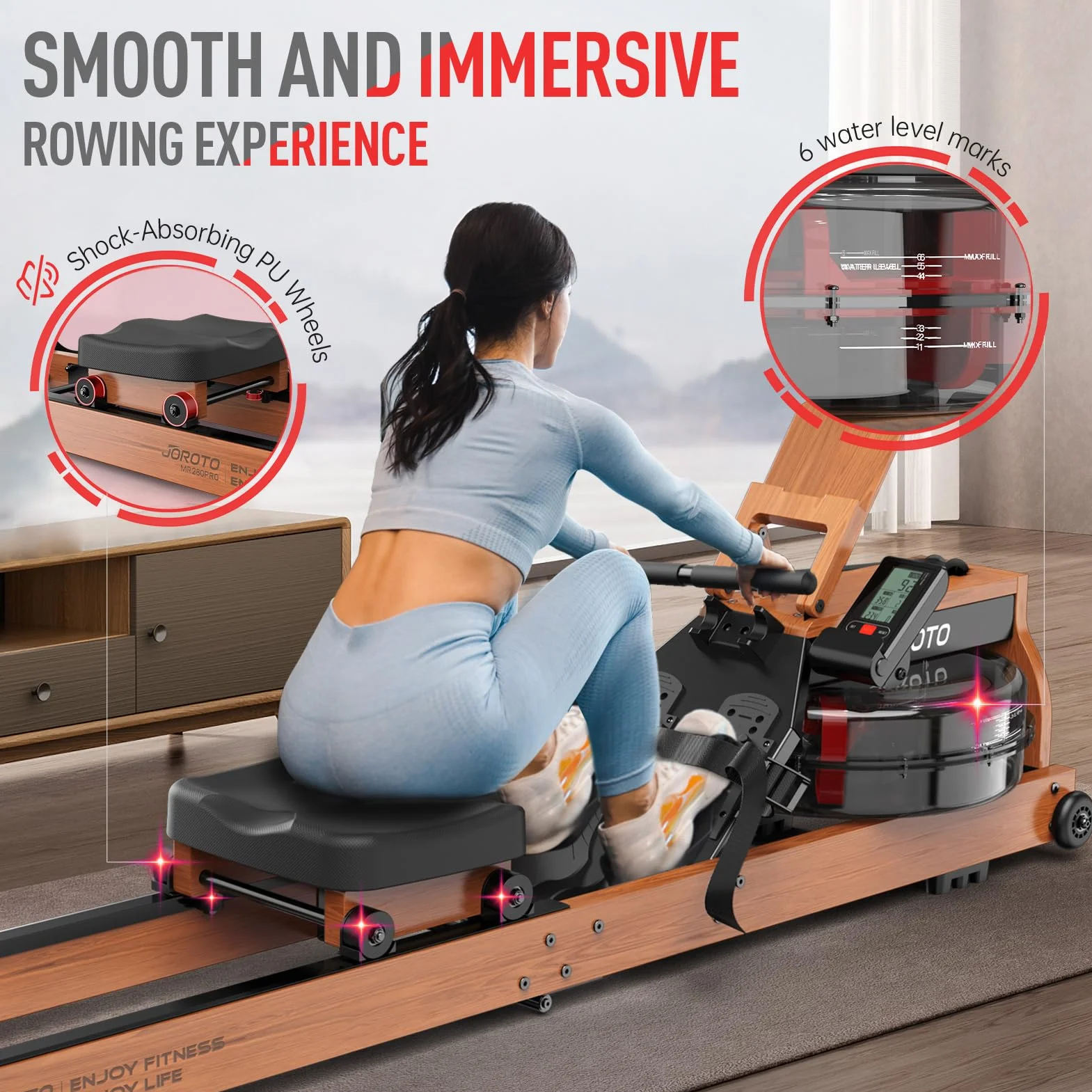 JOROTO Vogatore ad Acqua per casa, Vogatore Pieghevole in Legno di Quercia Capacità di Peso di 150kg con Monitor Bluetooth, Supporto per Tablet Regolabile