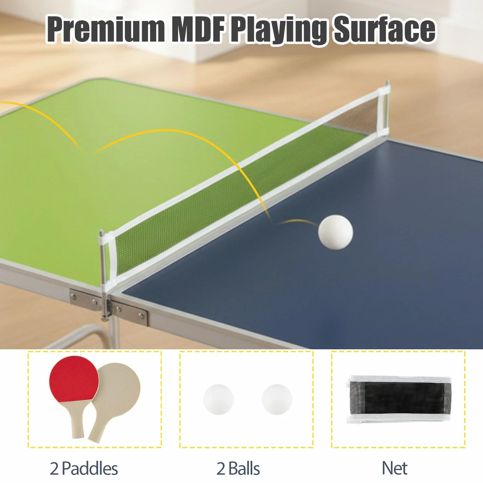 LIFEZEAL Ping Pong Table, Mini tavolo da ping pong con altezza regolabile a 3 livelli, tavolo pieghevole con rete, palline, racchette, tavolo da ping pong per ping pong, 120 x 76 cm