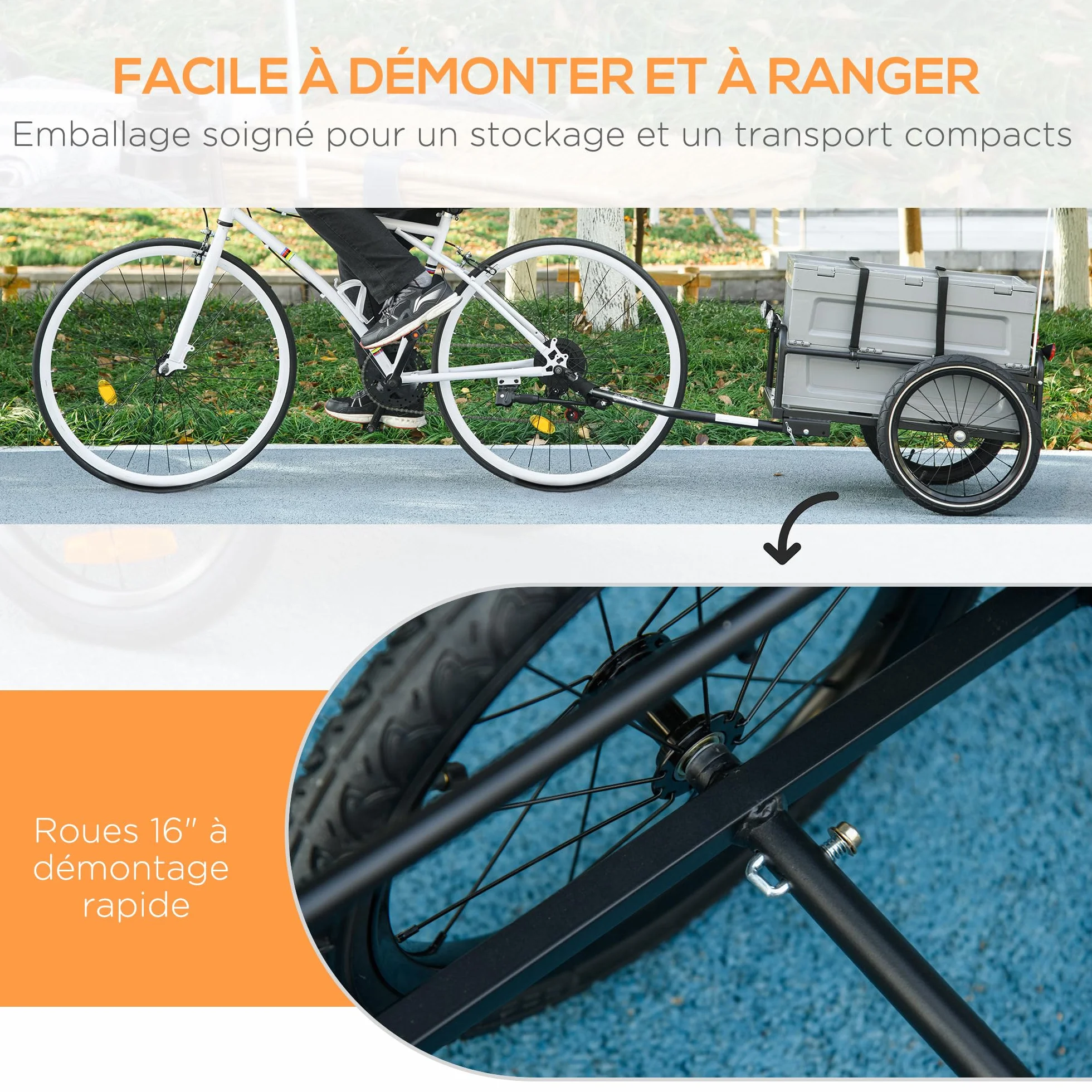 HOMCOM Rimorchio Carrello da bicicletta con vano portaoggetti rimovibile e pieghevole da 65 l, pneumatici e riflettori di sicurezza, carico massimo 40 kg, grigio