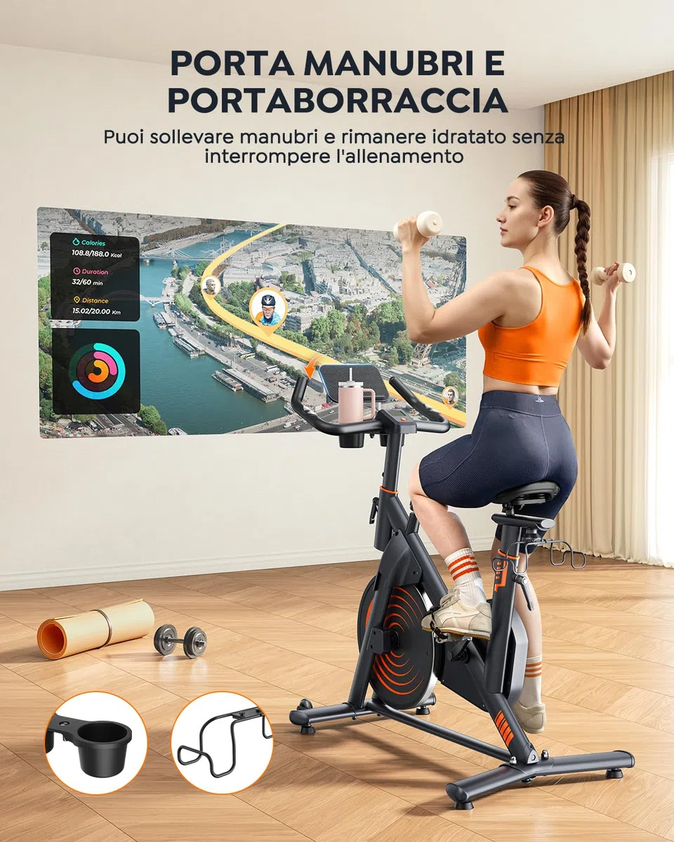 Cyclette da Casa Ultra Silenziosa, Cyclette per Casa con App, Design Ergonomico, Schermo LCD con Frequenza Cardiaca, Resistenza Magnetica, Volano da 15KG, Capacità 160 kg