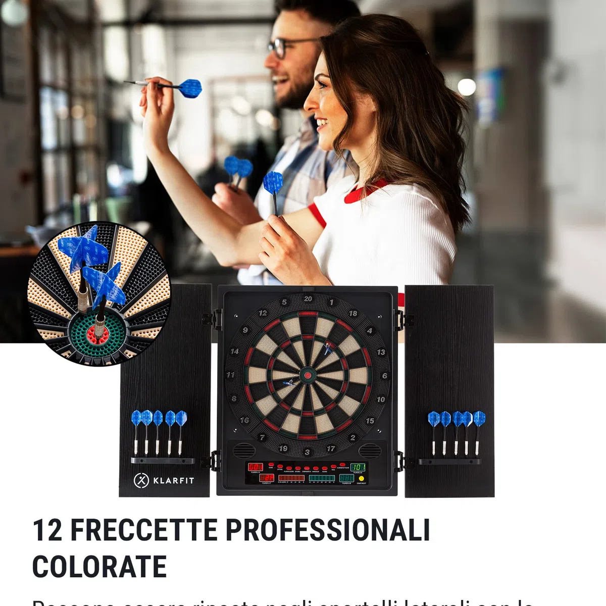 Klarfit Freccette Bersaglio Elettronico, Bersaglio Freccette Professionale LCD con 12 Freccette Elettroniche Colorate e Tabellone Digitale, Dartboard Gioco Freccette Elettronico per Adulti e Bambini