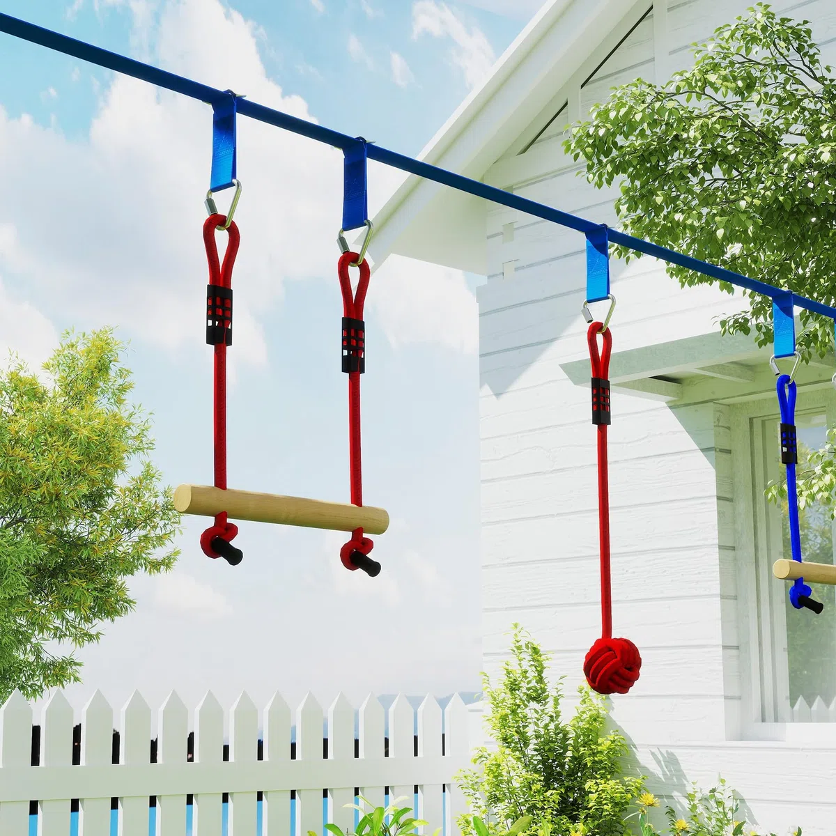 AIYAPLAY Ninja Line - Set Slackline per bambini, 10 m, con anelli da ginnastica, altalena, scaletta per arrampicate, protezione per alberi, aste da arrampicata, vassoio sospeso, set da gioco per
