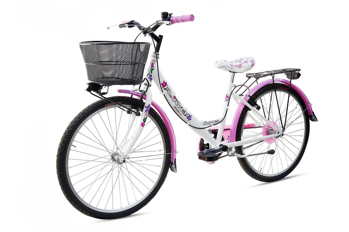 MADICKS Bicicletta Bambina Ragazza da Passeggio Misura 24 Bici con Cestino Floreale Bianco Rosa