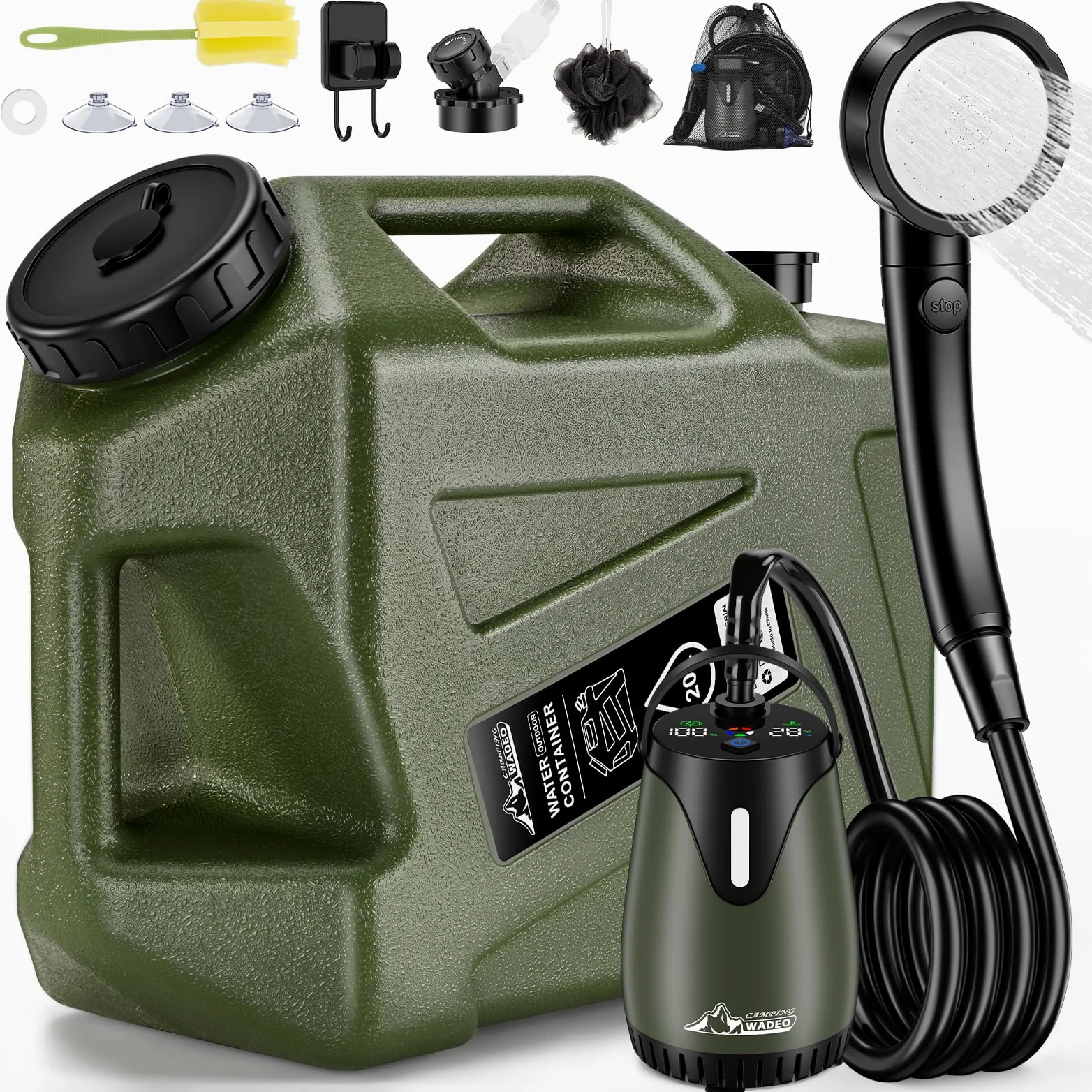 WADEO Doccia Portatile da Campeggio Aggiornata, [Pompa con Maniglia] [Serbatoio Acqua Stabile da 20L], Kit Doccia da Esterno Ricaricabile per Escursionismo, Festival, Cane, Camper