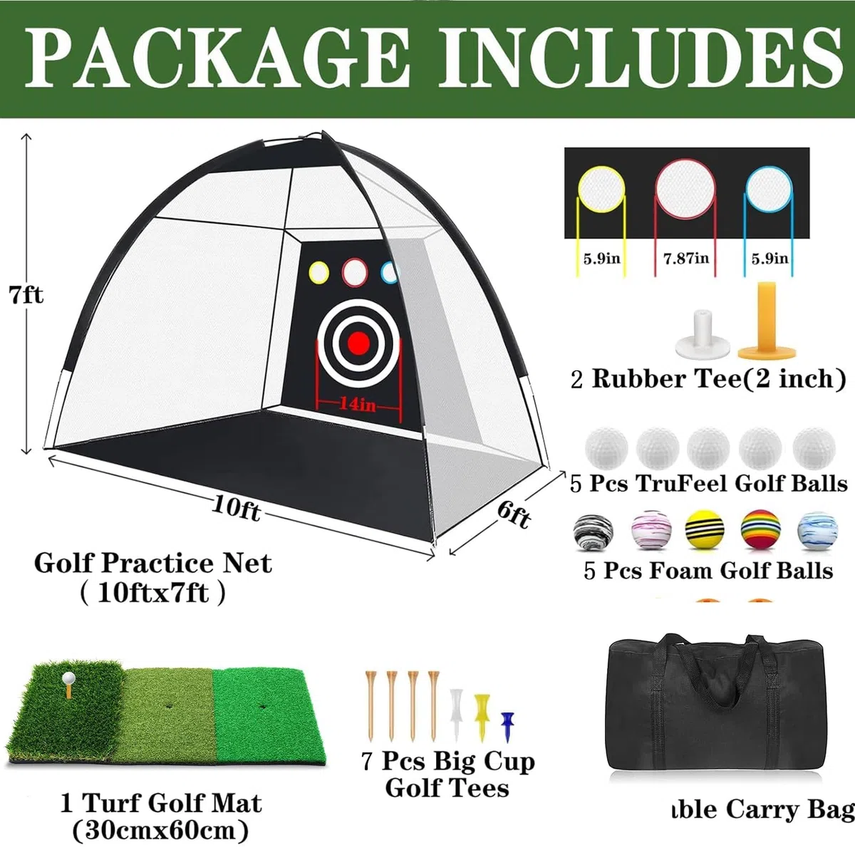 Rete da golf, 3 x 2,1 x 1,8 m, con tappetino per il cortile, per interni ed esterni, chipping Driving, e reti di guida per interni ed esterni, uso in garage, allenamento di oscillazione del golf