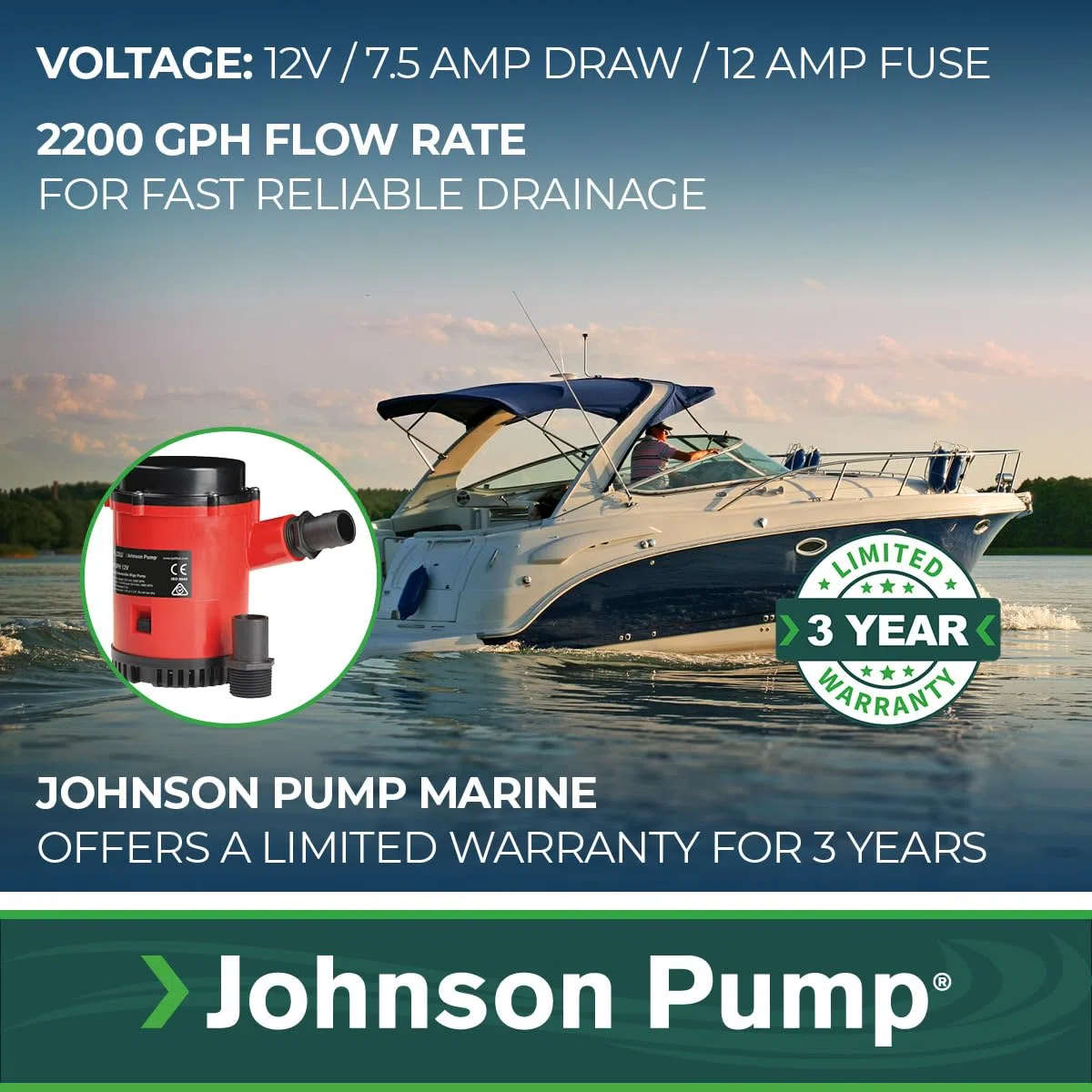 Johnson Pump Pump, HD Bilge Pompa 12V 2200 GPH Uomo, Beige, Taglia Unica