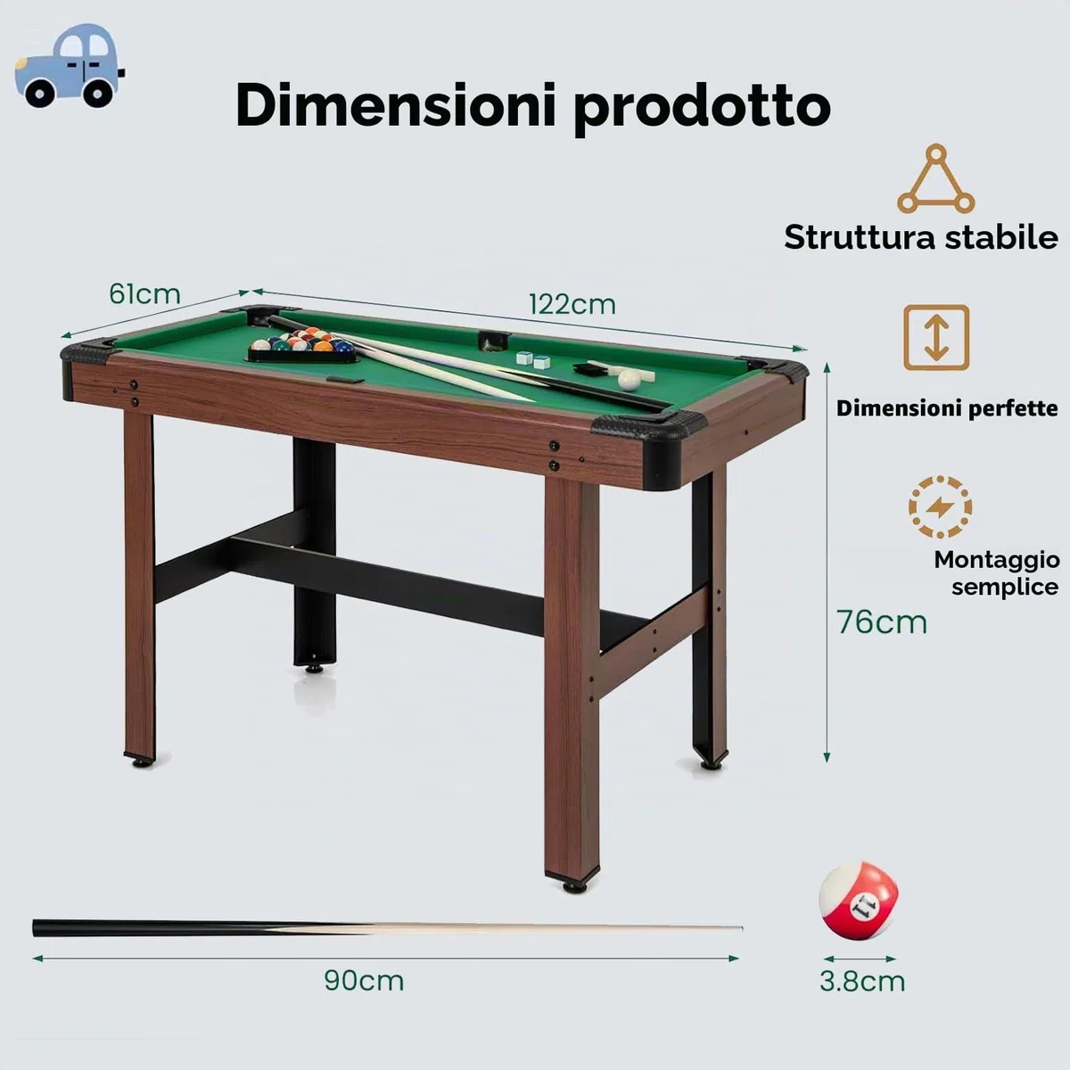 Mini tavolo da biliardo per adulti e bambini, gioco da tavolo da biliardo con 2 stecche, 2 gessetti, 16 palline, triangolo e spazzola 122 x 61 x 76 cm